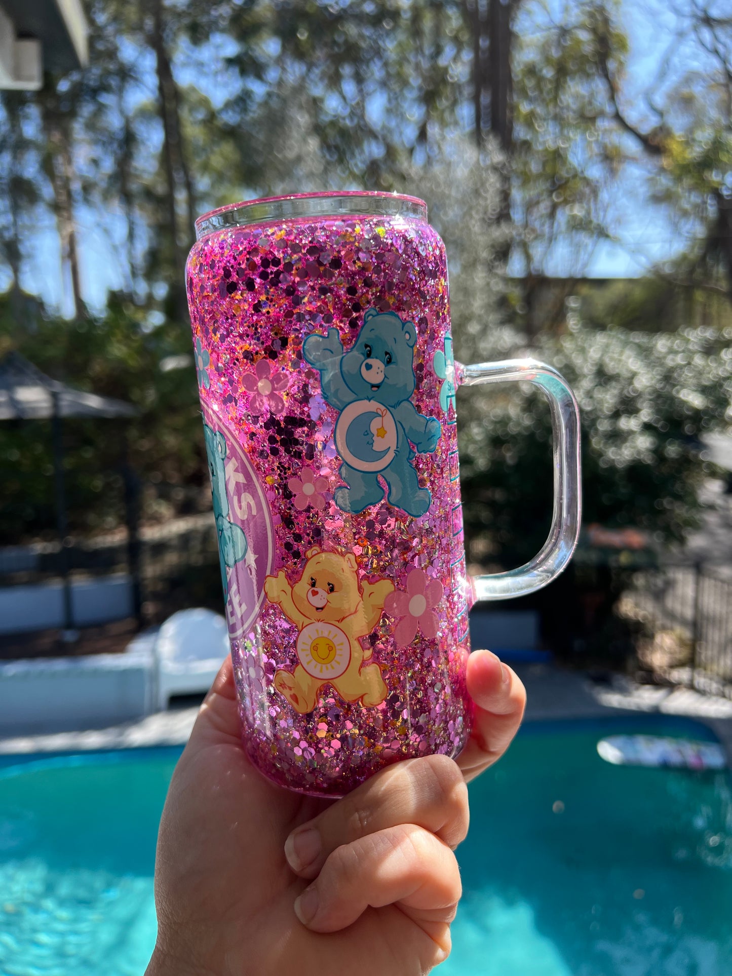 20oz Glitter Glass Can Cup with Handle – Cloud Fluffy Cuties Theme