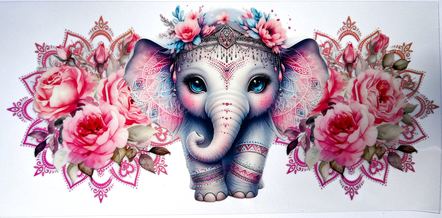 Boho Baby Elephant Cup Wrap | Pink Roses Mandala UV DTF 16oz