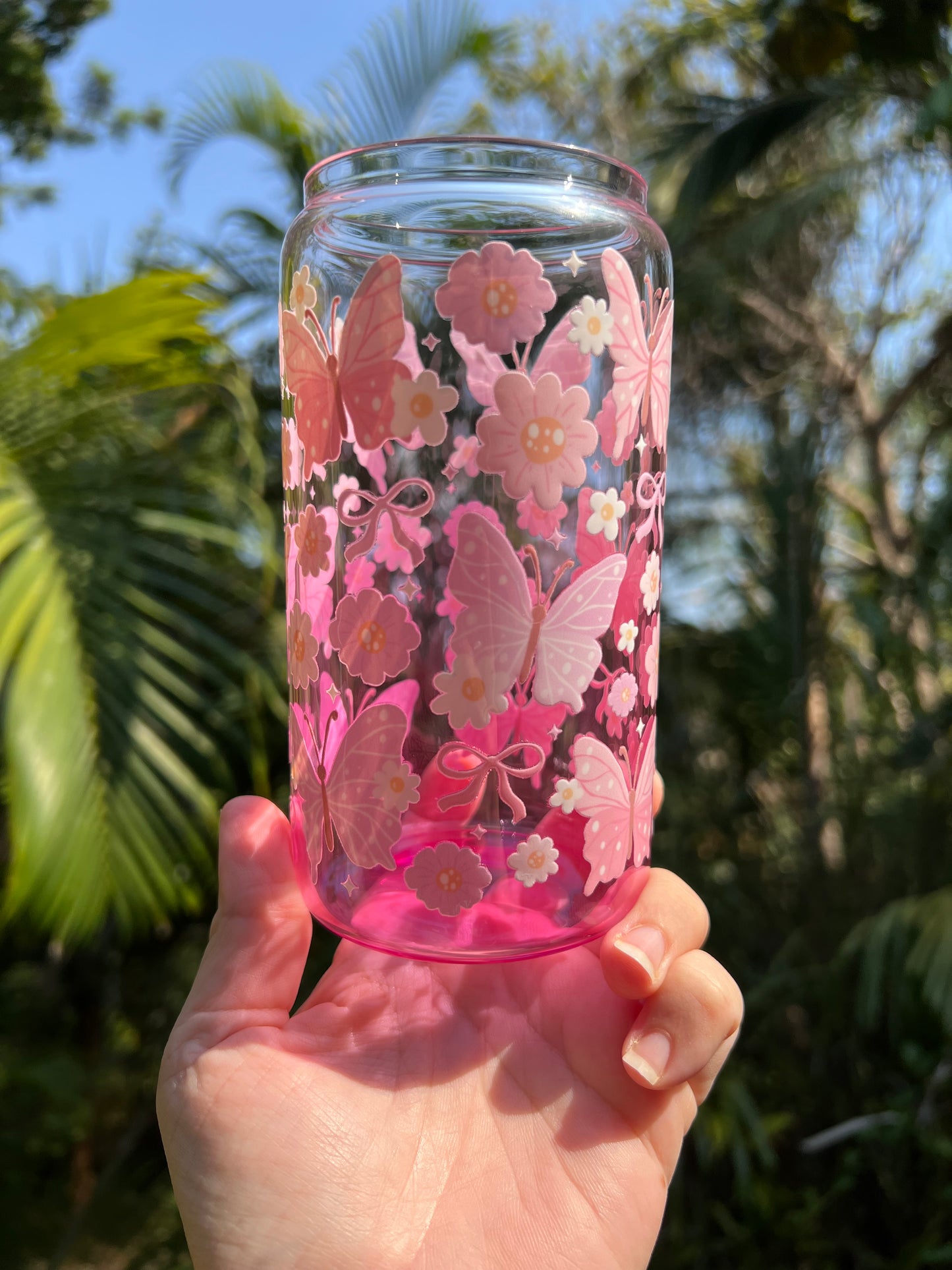 🌸 Pink Butterfly Dreams Glass Tumbler – 16oz