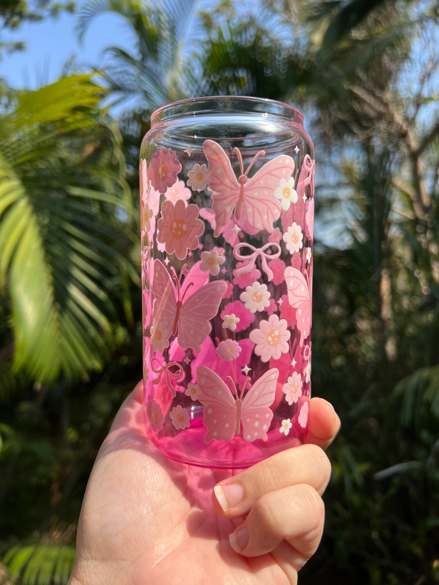 🌸 Pink Butterfly Dreams Glass Tumbler – 16oz