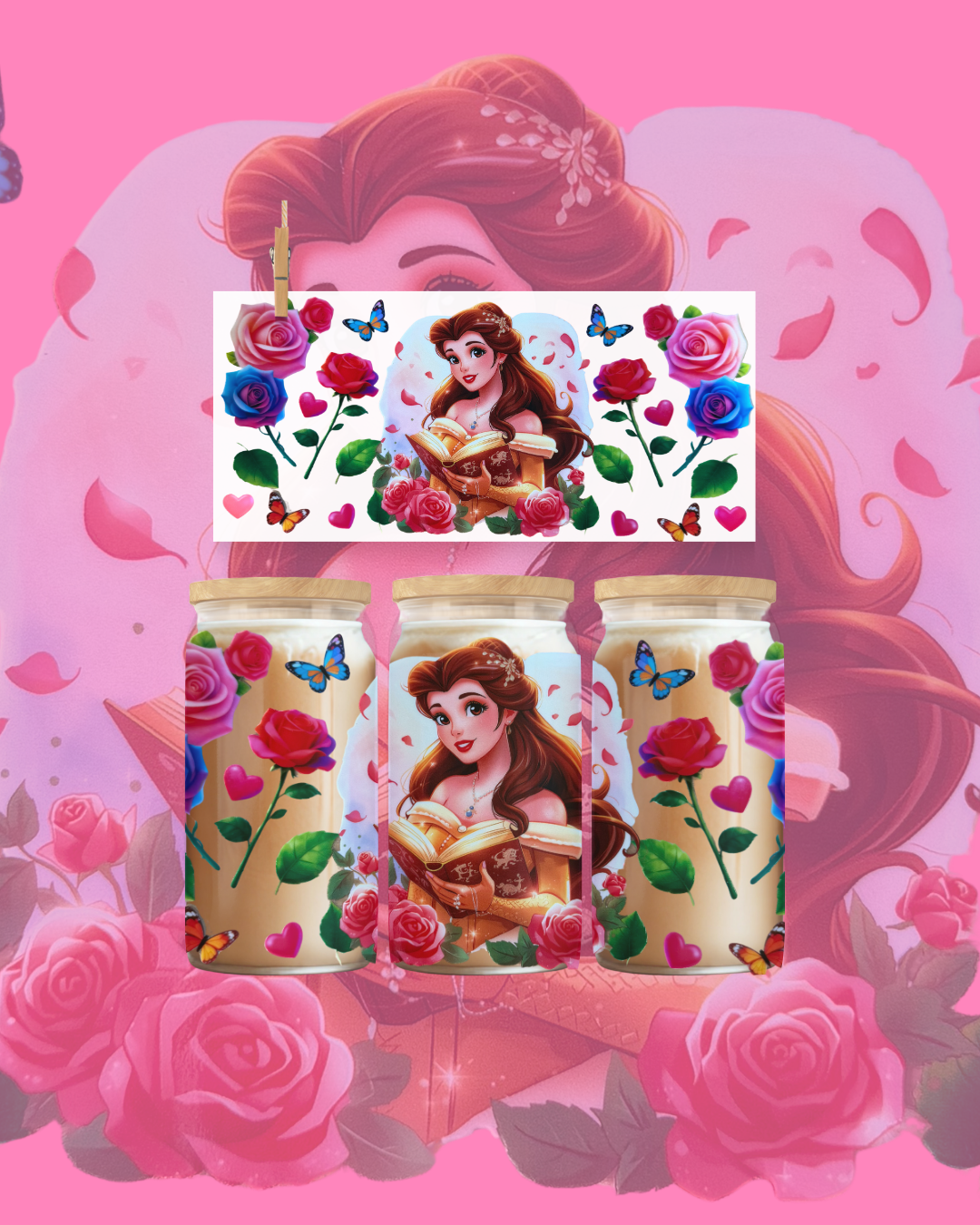 Enchanted Rose Princess UV DTF Cup Wrap – 16oz Wrap