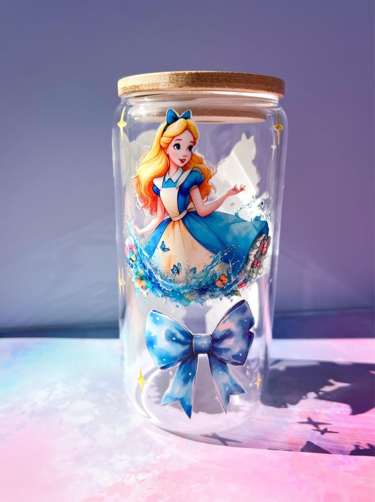 Whimsical Blue Bow 16oz clear glass tumbler