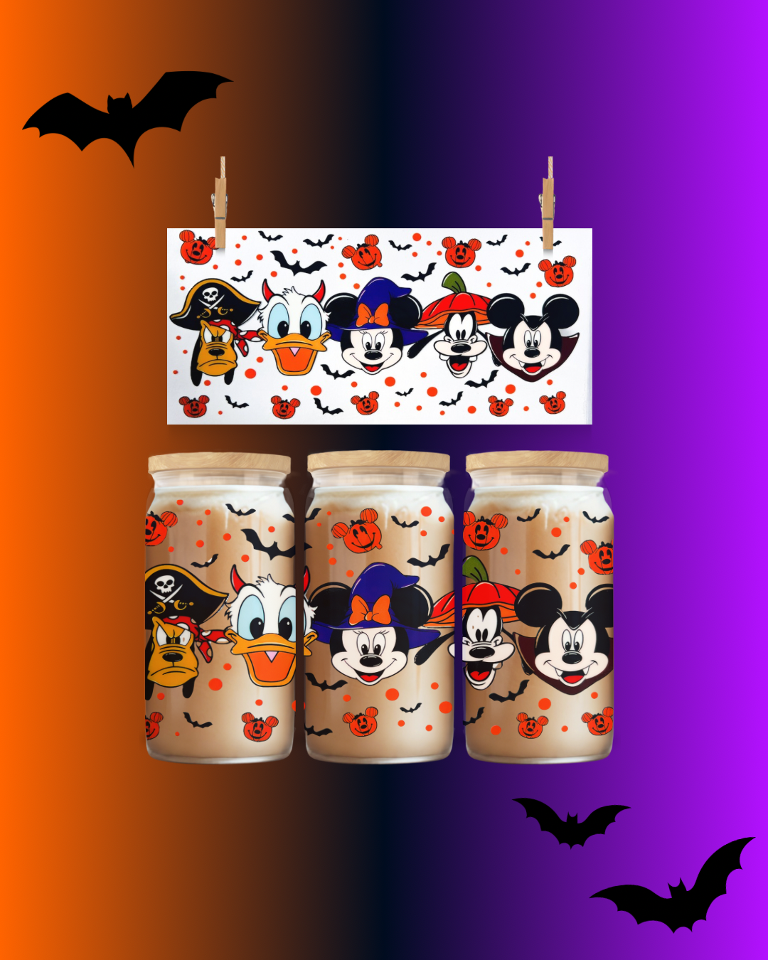 Mickey & Friends Halloween Characters UV DTF Cup Wrap – 16oz Glass Can Wrap - Spooky Design
