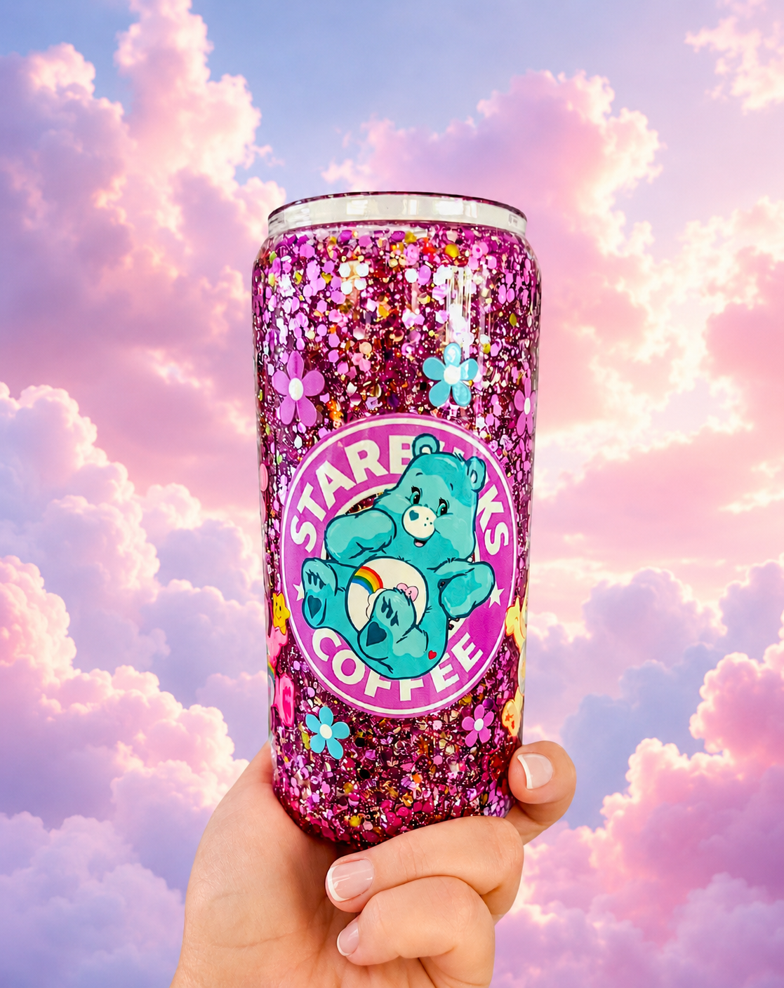 20oz Glitter Glass Can Cup with Handle – Cloud Fluffy Cuties Theme