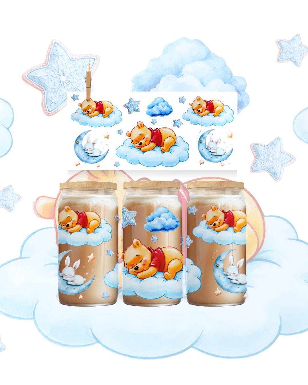 Dreamy Bear UV DTF Cup Wrap – 16oz Glass Can Wrap ☁️💙