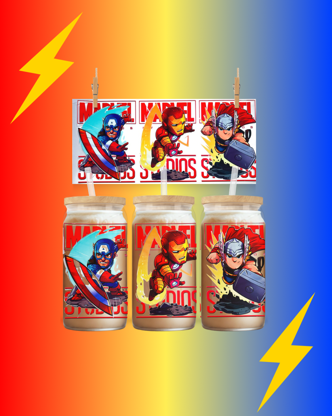 Marvel Heroes Cup Wrap – Captain America, Iron Man & Thor | Superhero UV DTF Wrap