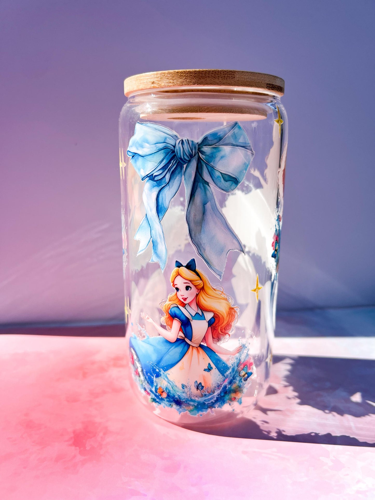 Whimsical Blue Bow 16oz clear glass tumbler