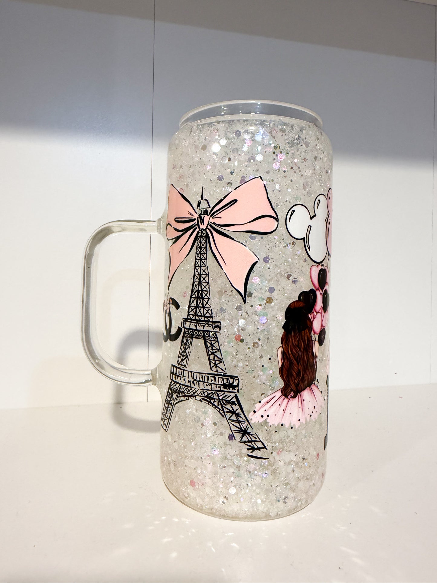 Glass White Glam Snow Globe Cup 20oz with handle