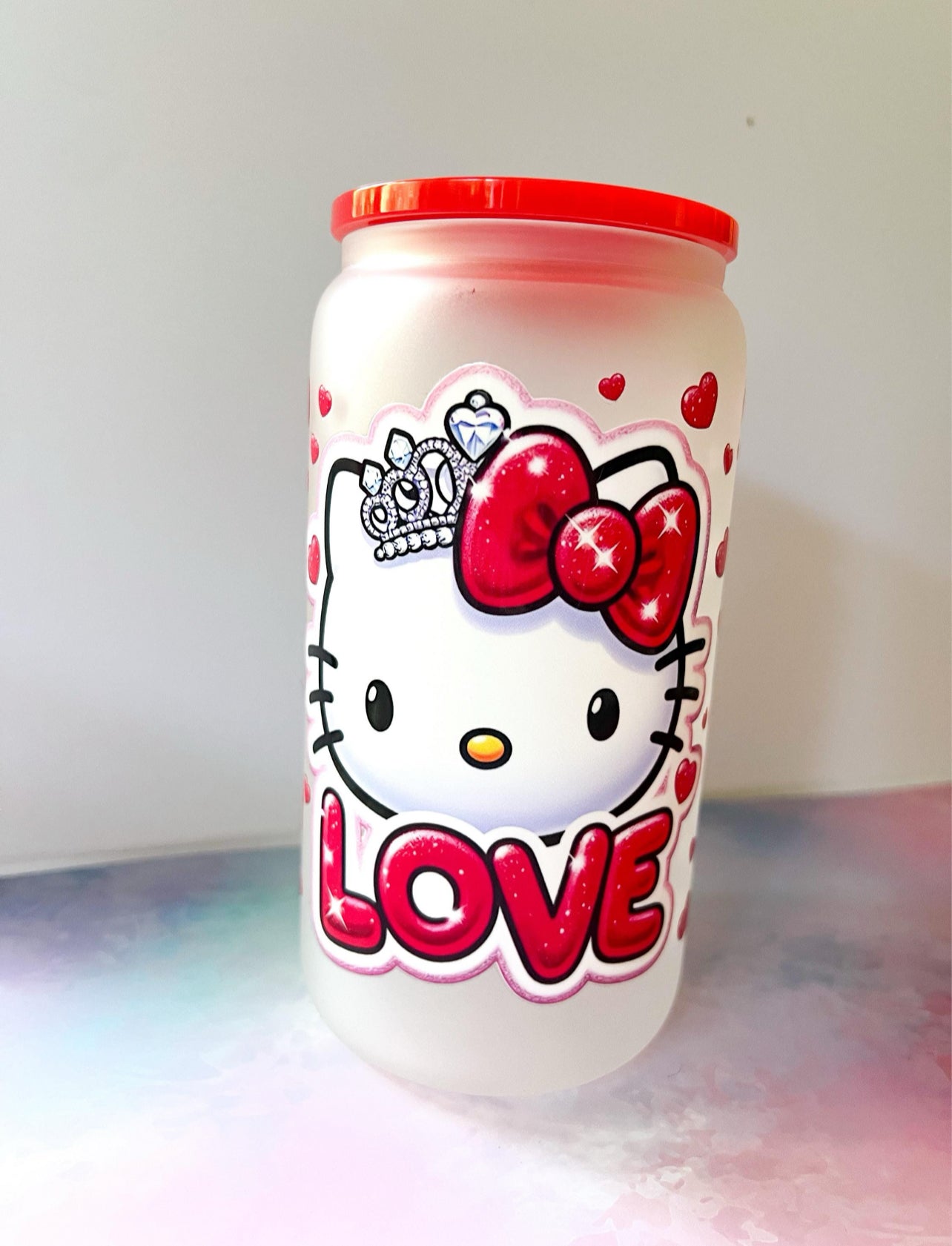 Kitty "LOVE" Frosted Glass Tumbler with Optional Red Lid