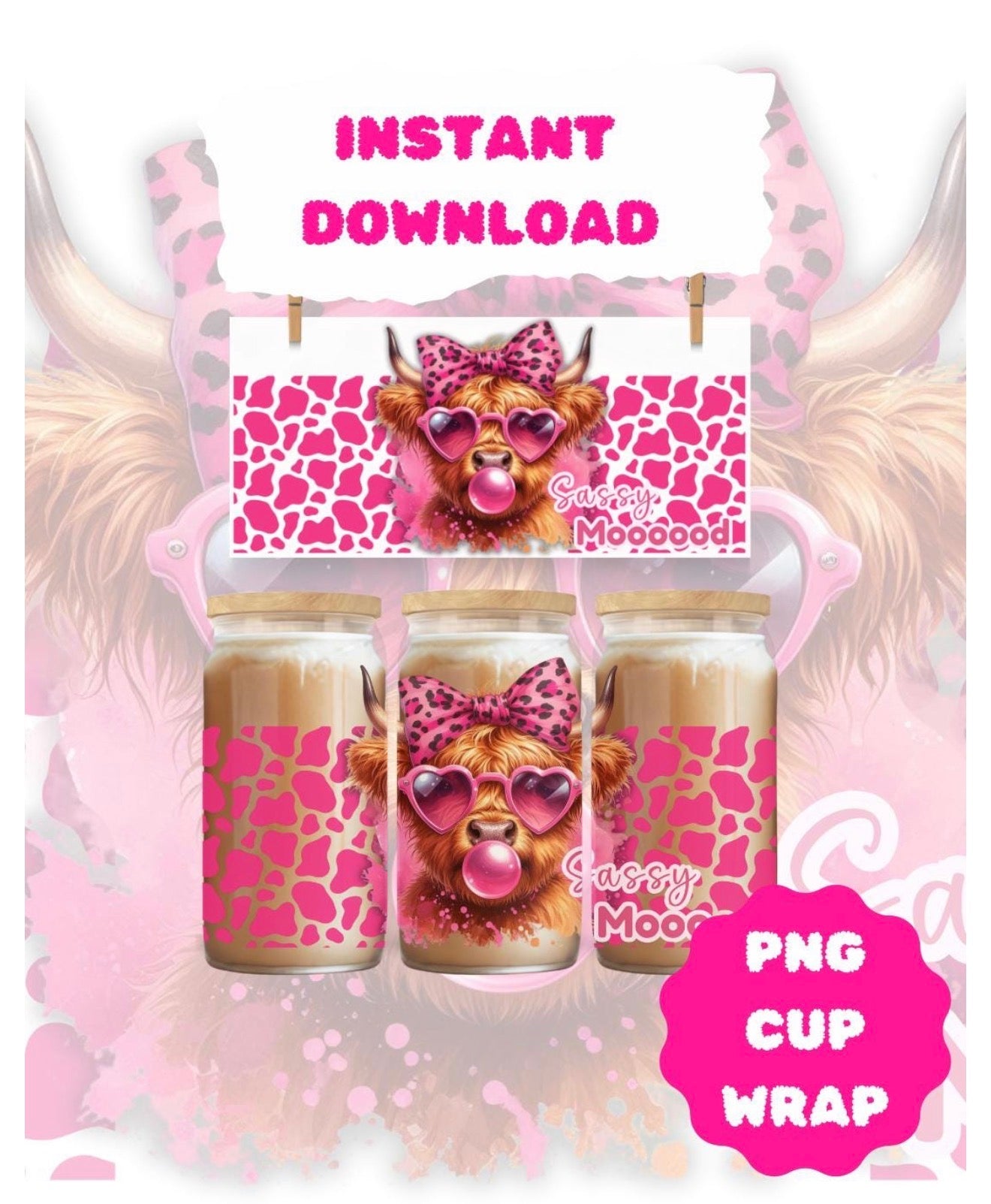 Digital UV DTF Wrap – Highland Cow “Sassy Mooood” Design