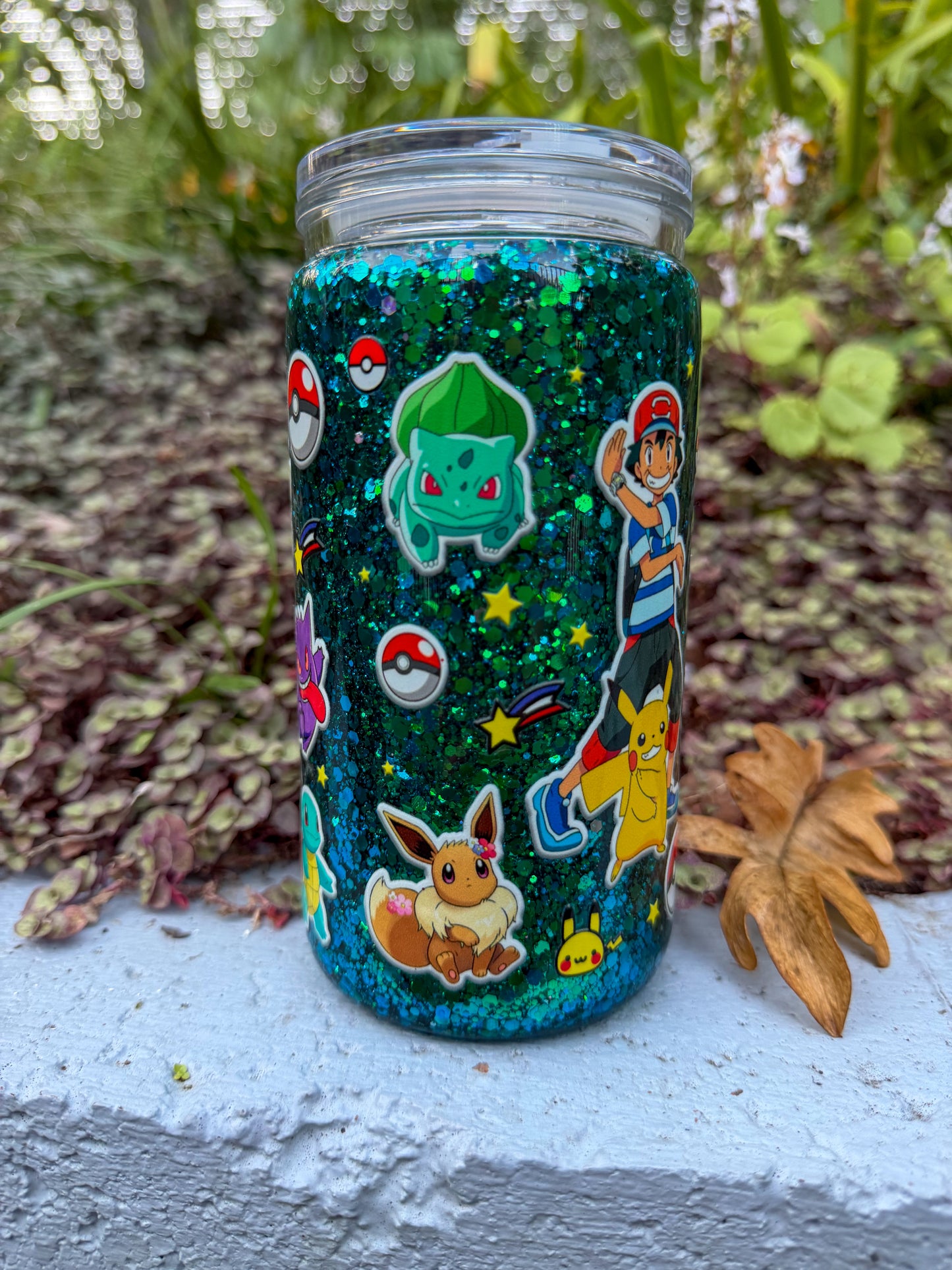 Pocket Creature Glitter Snow Globe Tumbler – 16oz | Retro Anime Inspired Cup