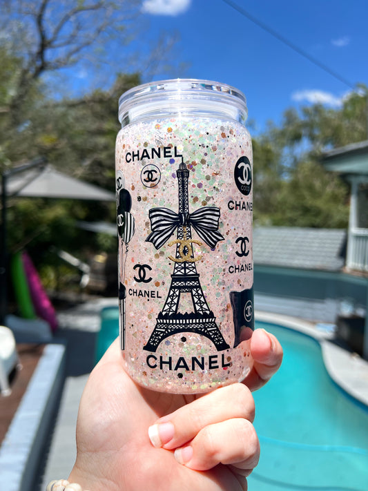 ✨ Parisian Inspired Glitter Tumbler - Snow Globe Cup with Eiffel Tower, Dog & Balloons | Luxury Girly Aesthetic Gift ✨