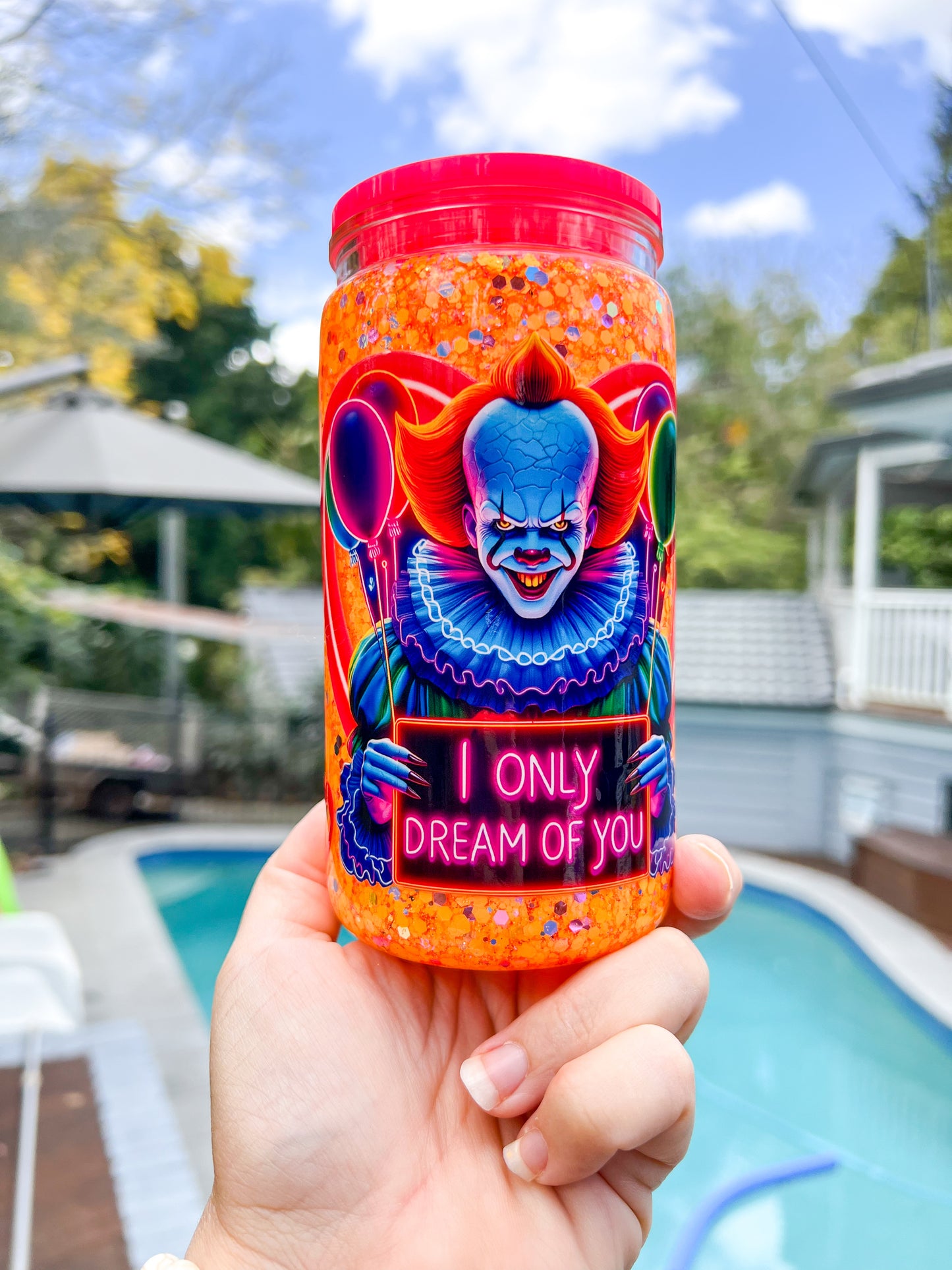 Neon Killer Clown Glitter Snow Globe Cup - 16oz