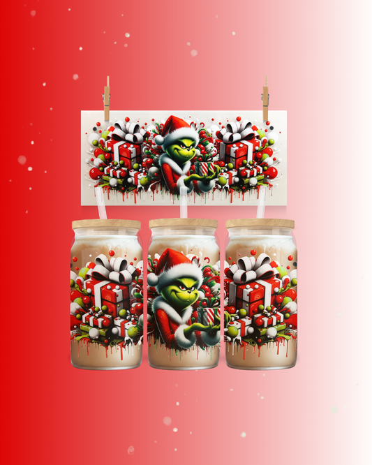 Grinch with Christmas Gifts UV DTF Cup Wrap – to suit 16oz tumbler