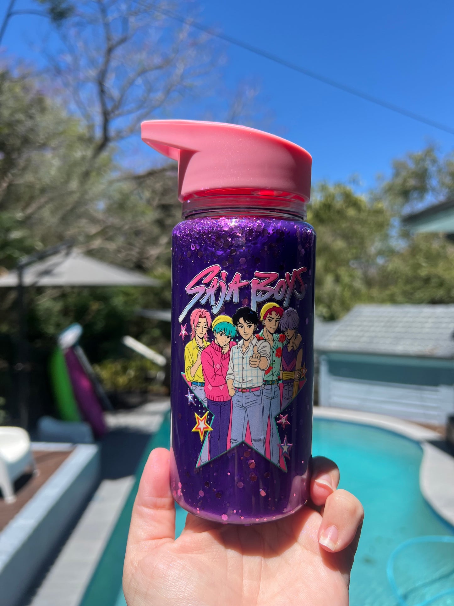 Kids 10oz Snow Globe Bottle | Purple shimmer &  Glitter - Hunters Characters. Made to order