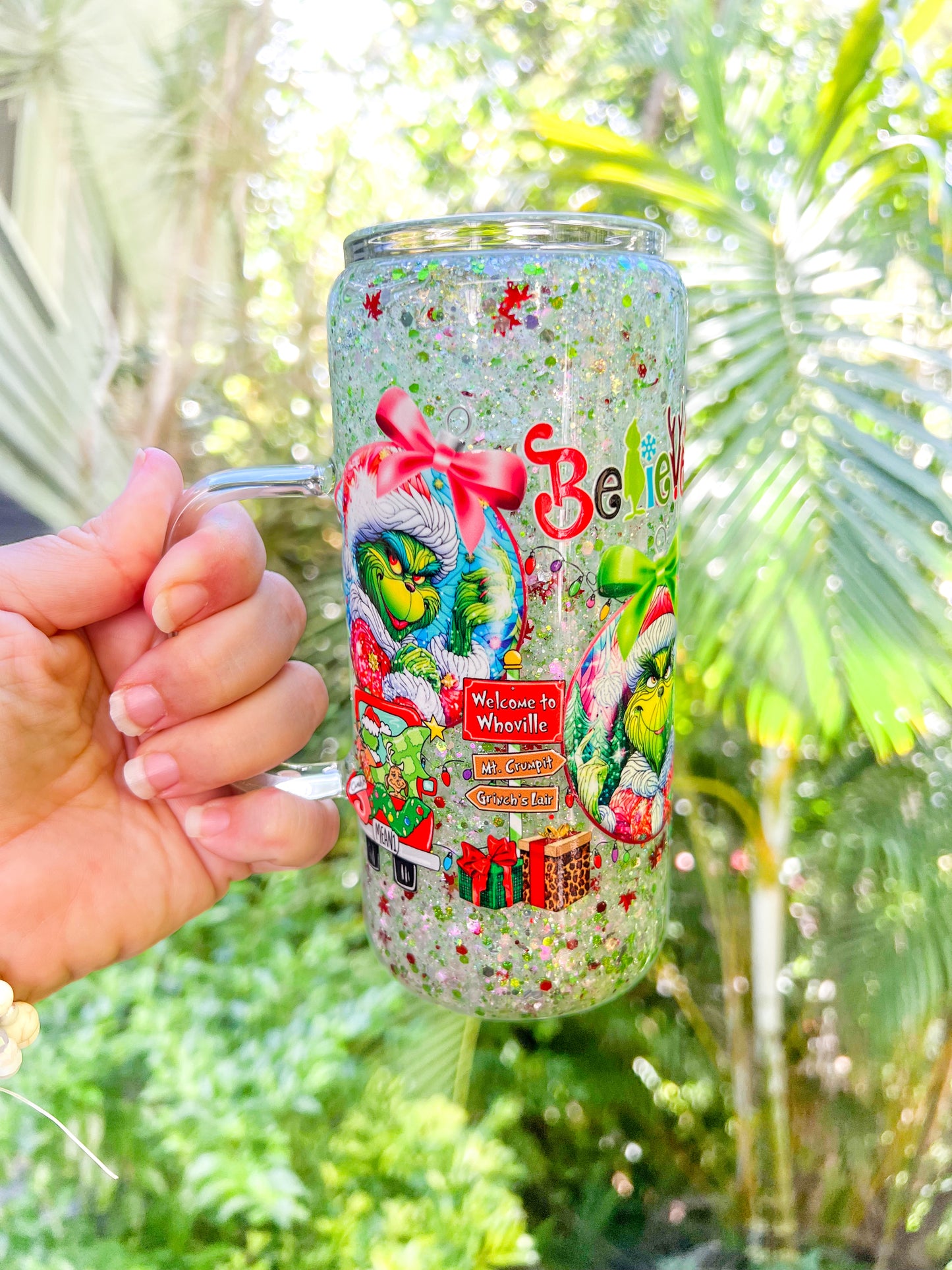 Grinch Whoville Christmas 20oz Glass Snow Globe Tumbler With Handle