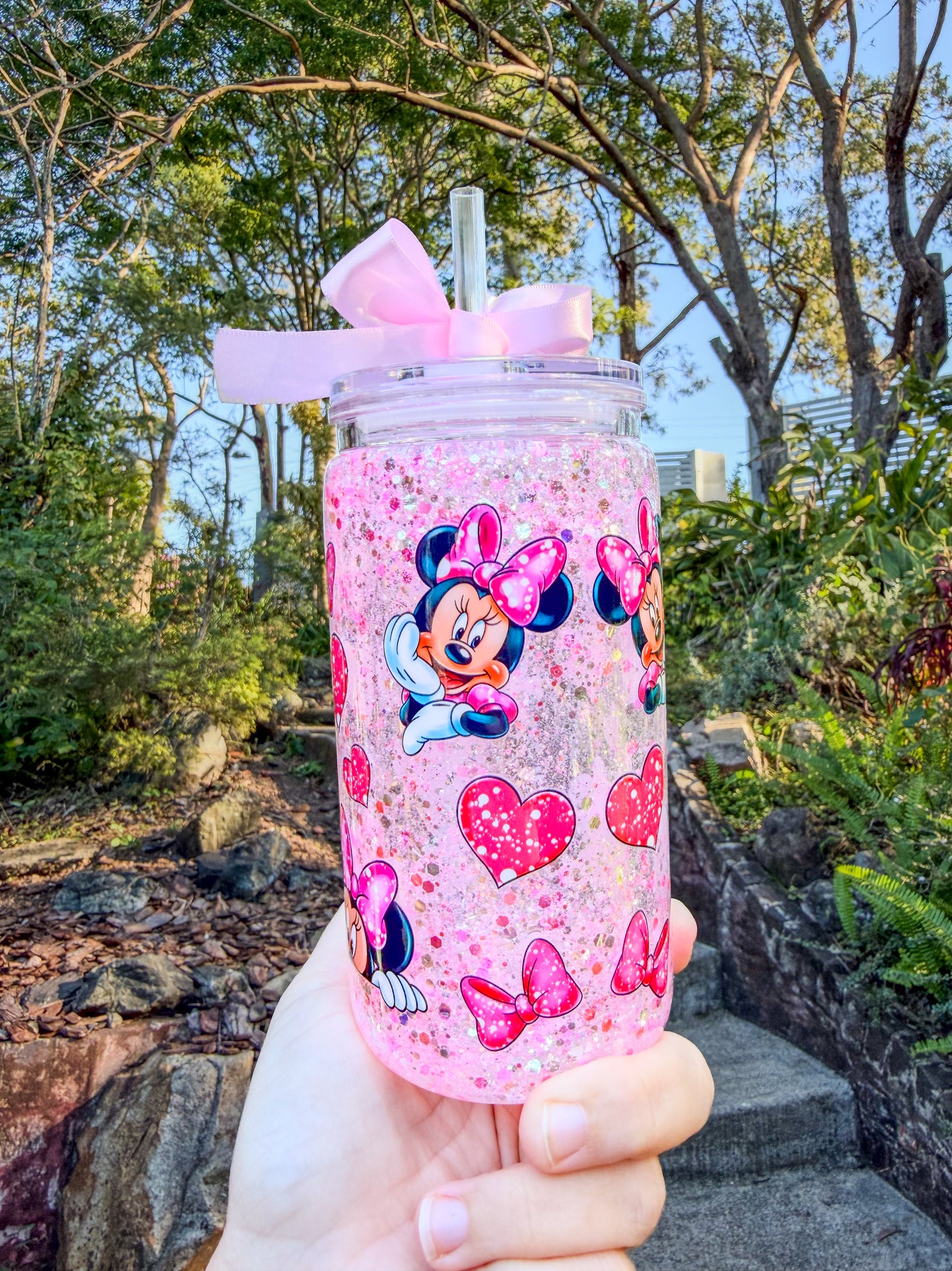 Magical Minnie Pink Glitter Snow Globe Tumbler – 16oz Acrylic | Suspended Glitter Flow