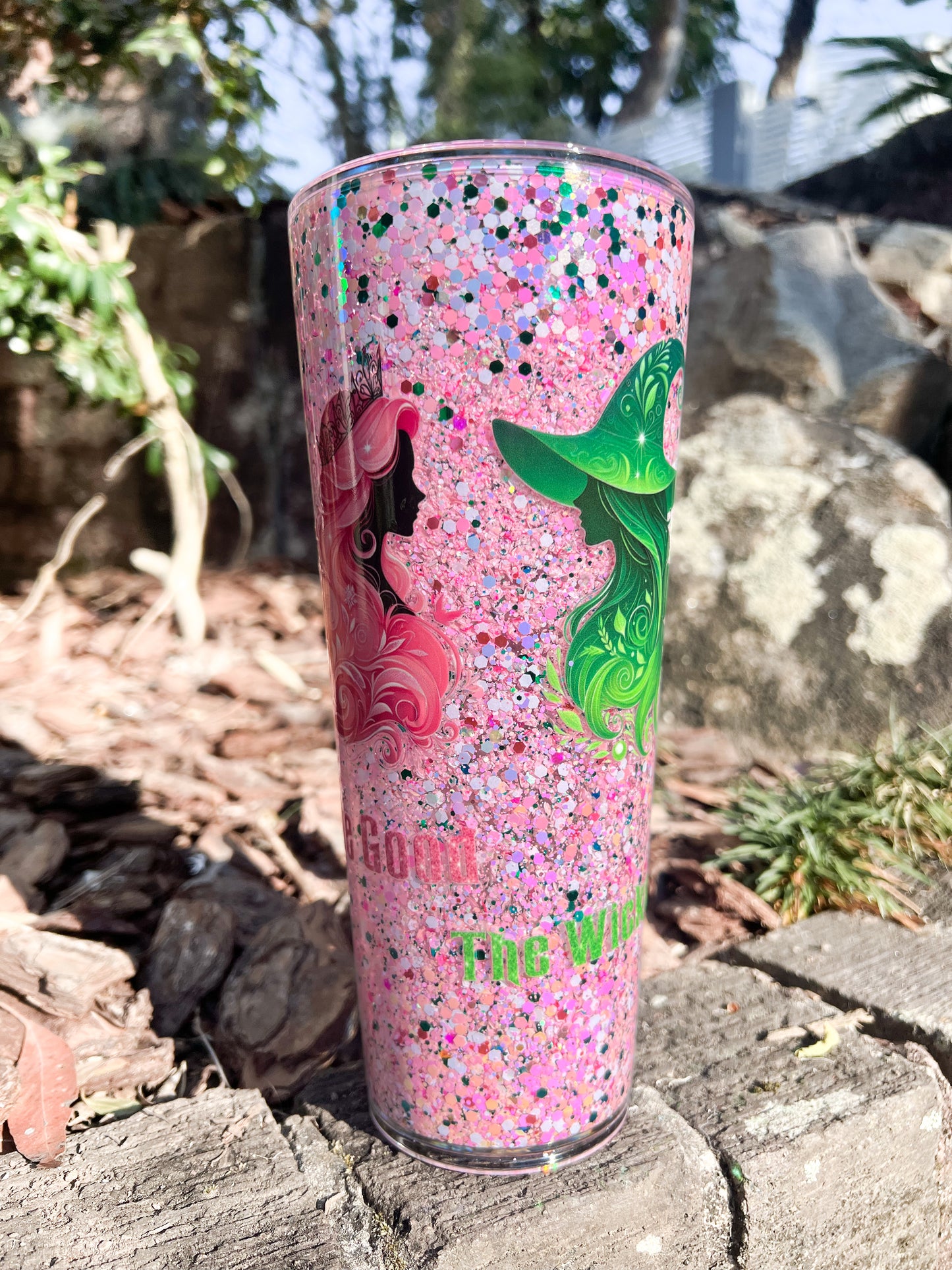 ✨Fairytale Glitter Tumbler – Pink Princess & Green Witch Cup with Sparkle Bows | 24oz Custom Glitter Cup