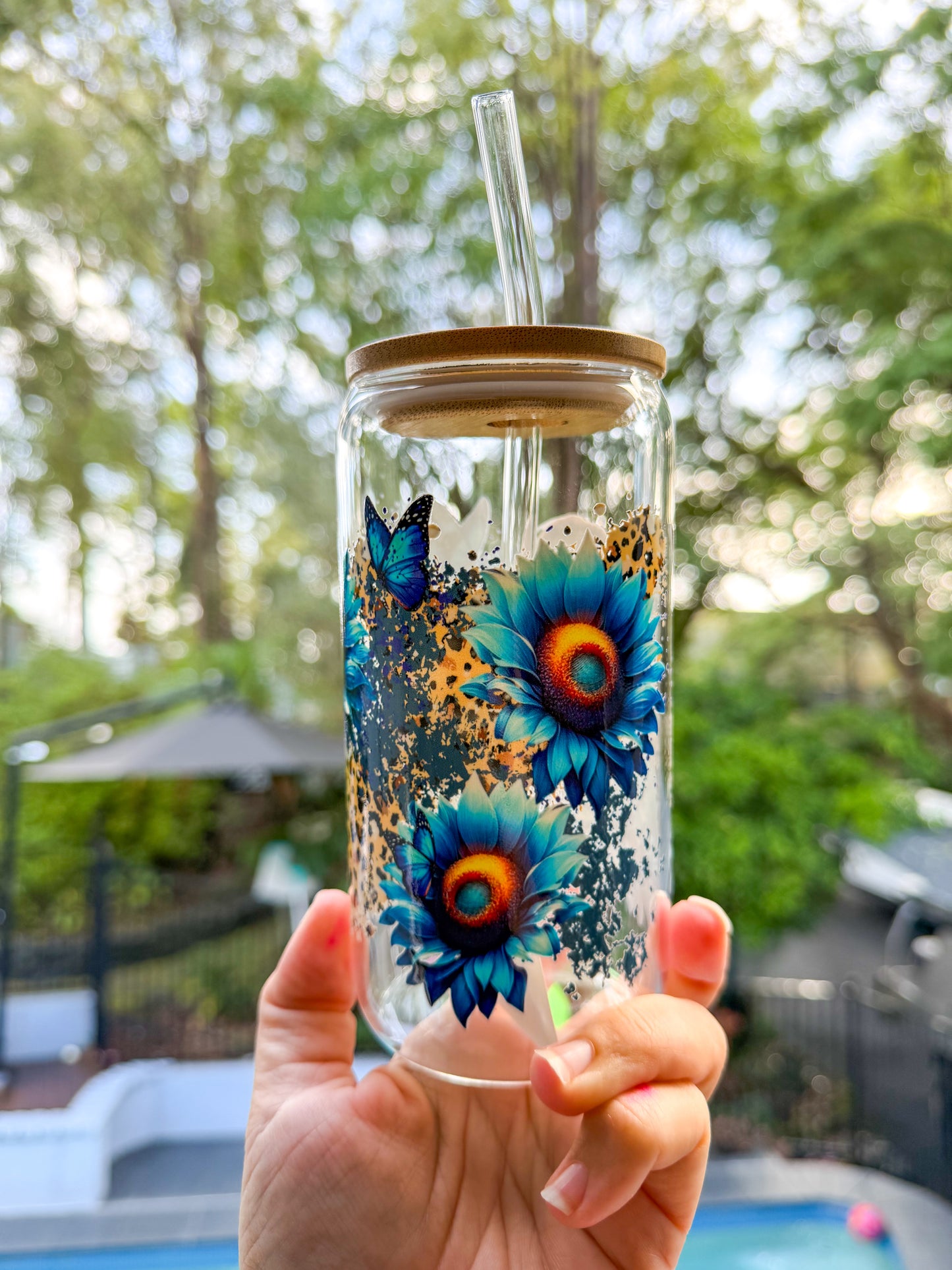 Blue Sunflower Butterfly Angel Glass Cup