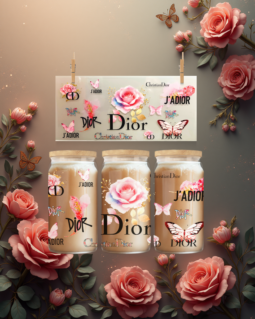 Elegance with Roses & Butterflies UV DTF Cup Wrap – To Suit 16oz Tumbler