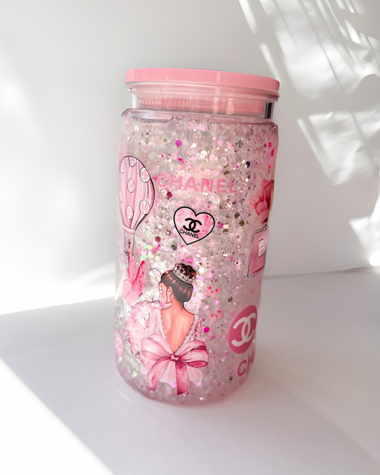 Glam Glitter Snow Globe Cup with Pink Accents