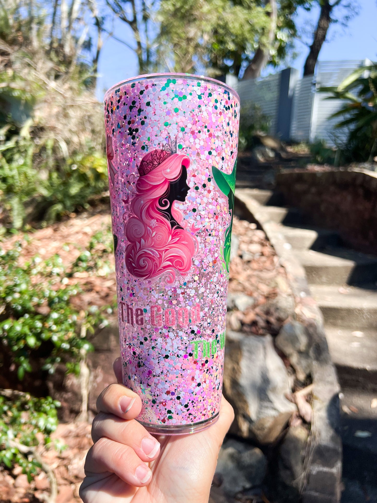 ✨Fairytale Glitter Tumbler – Pink Princess & Green Witch Cup with Sparkle Bows | 24oz Custom Glitter Cup