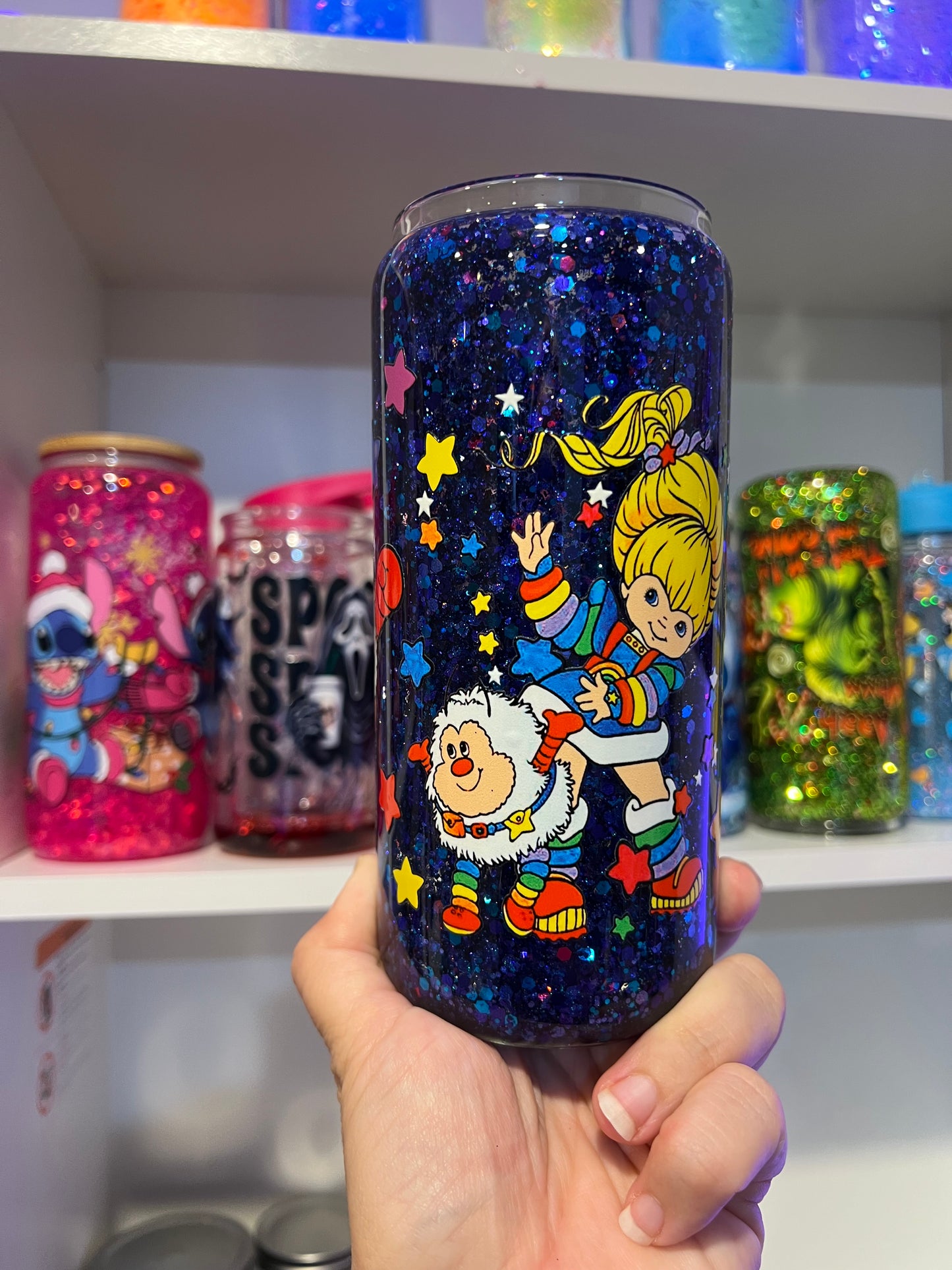 Brite Sparkle Tumbler – 80s Retro Magic Glitter Cup 20oz Glass Snow Globe with handle