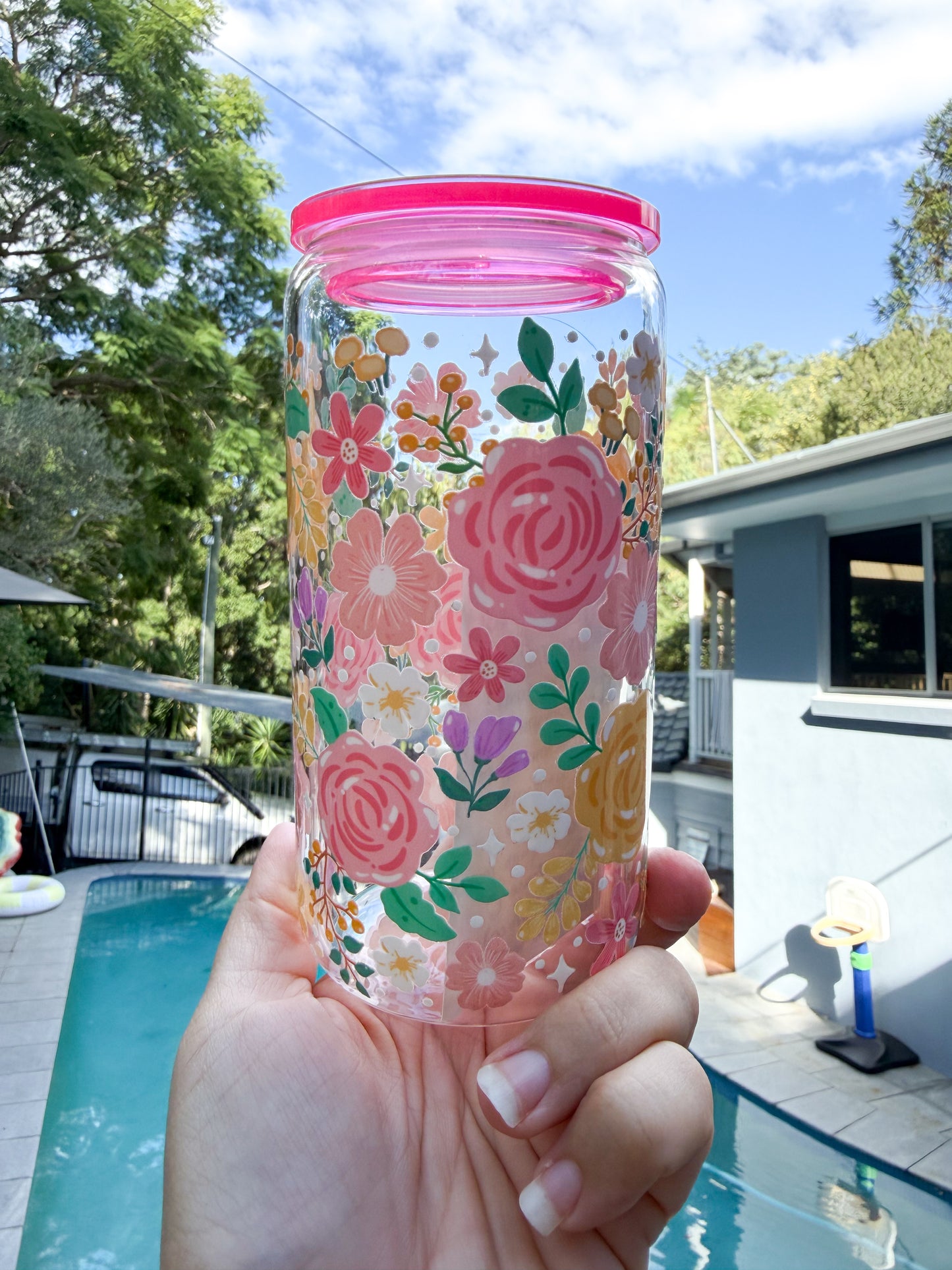 🌸✨ Garden Blooms Glass Can Tumbler 16oz