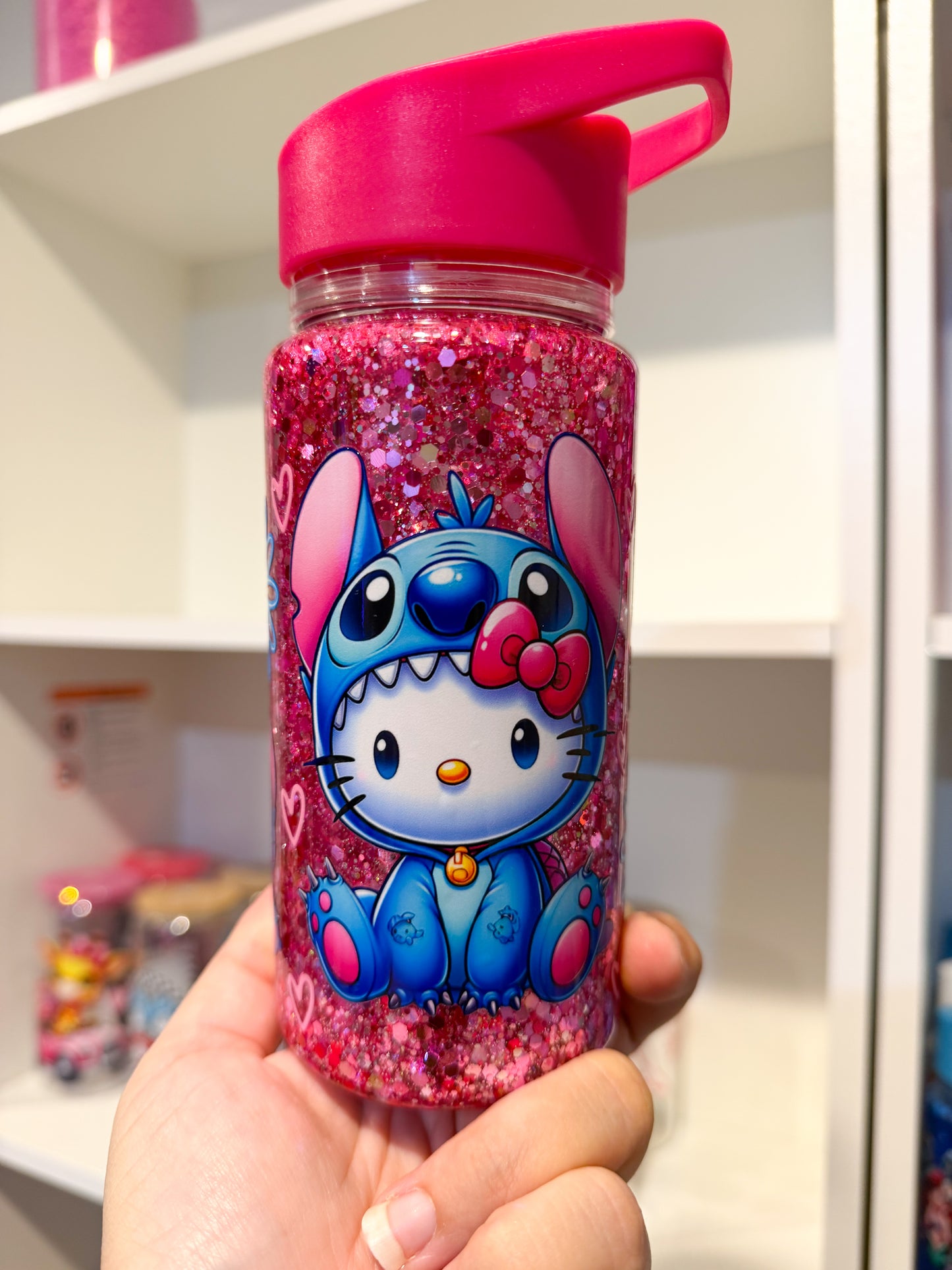 10oz Stitch & Hello Kitty Glitter Kids Water Bottle – Pink Sparkle Bottle with Straw Lid – Cute Kids Drink Bottle