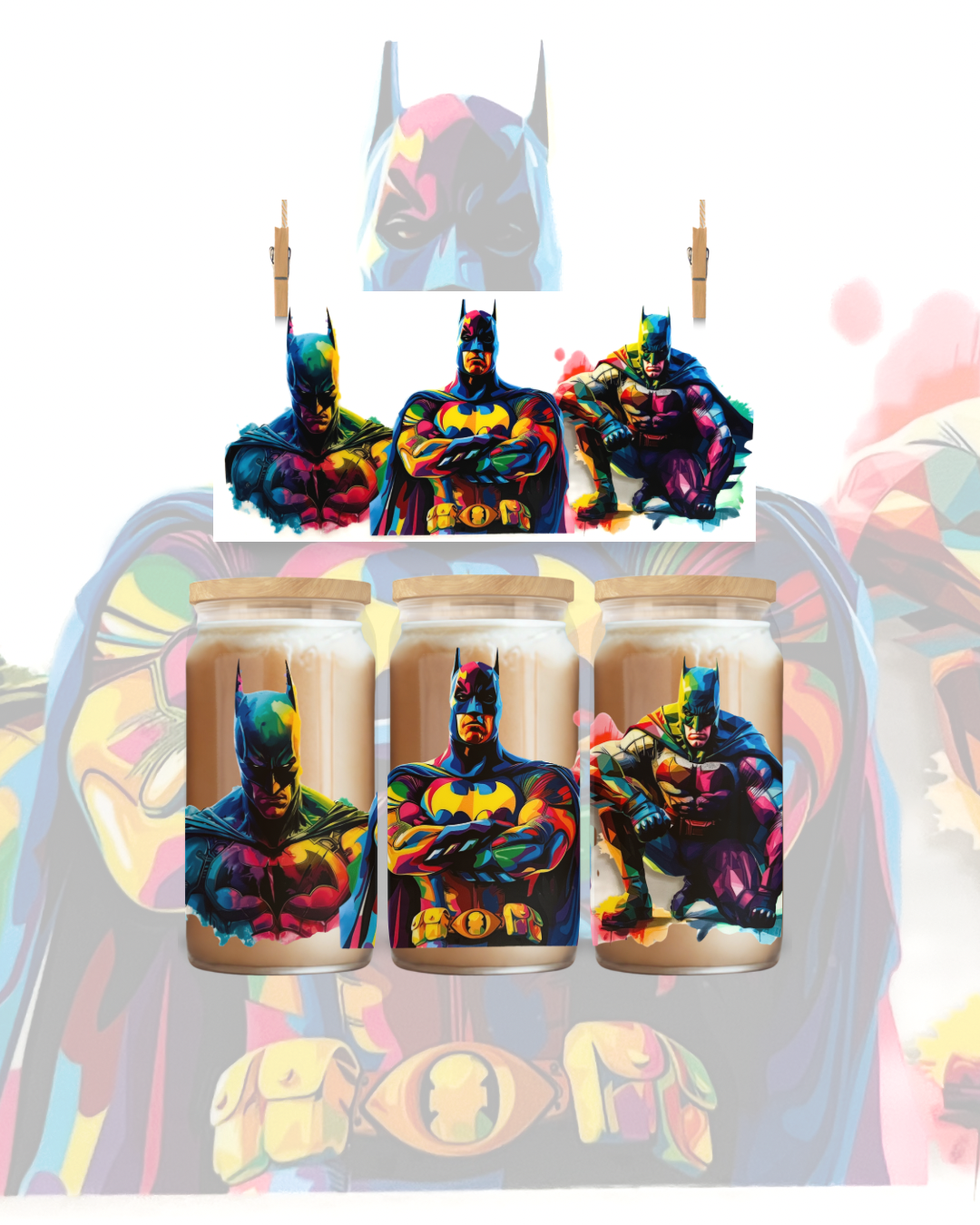 Bat Hero Pop Art UV DTF Cup Wrap – Fits 16oz Glass Can