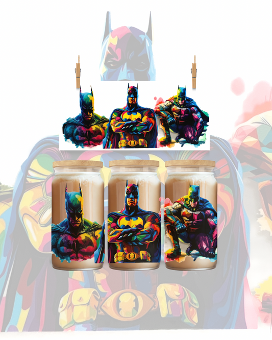 Bat Hero Pop Art UV DTF Cup Wrap – Fits 16oz Glass Can