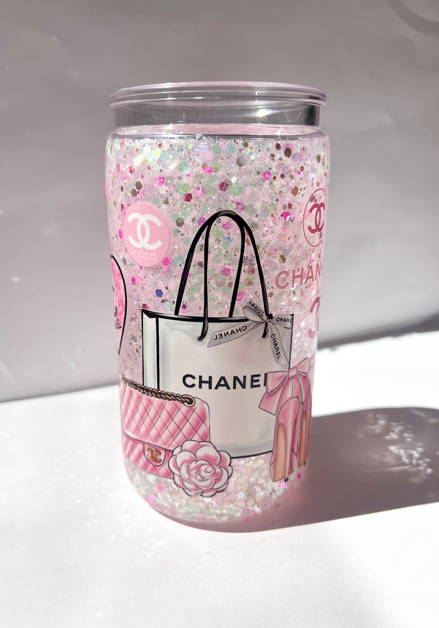 Glam Glitter Snow Globe Cup with Pink Accents