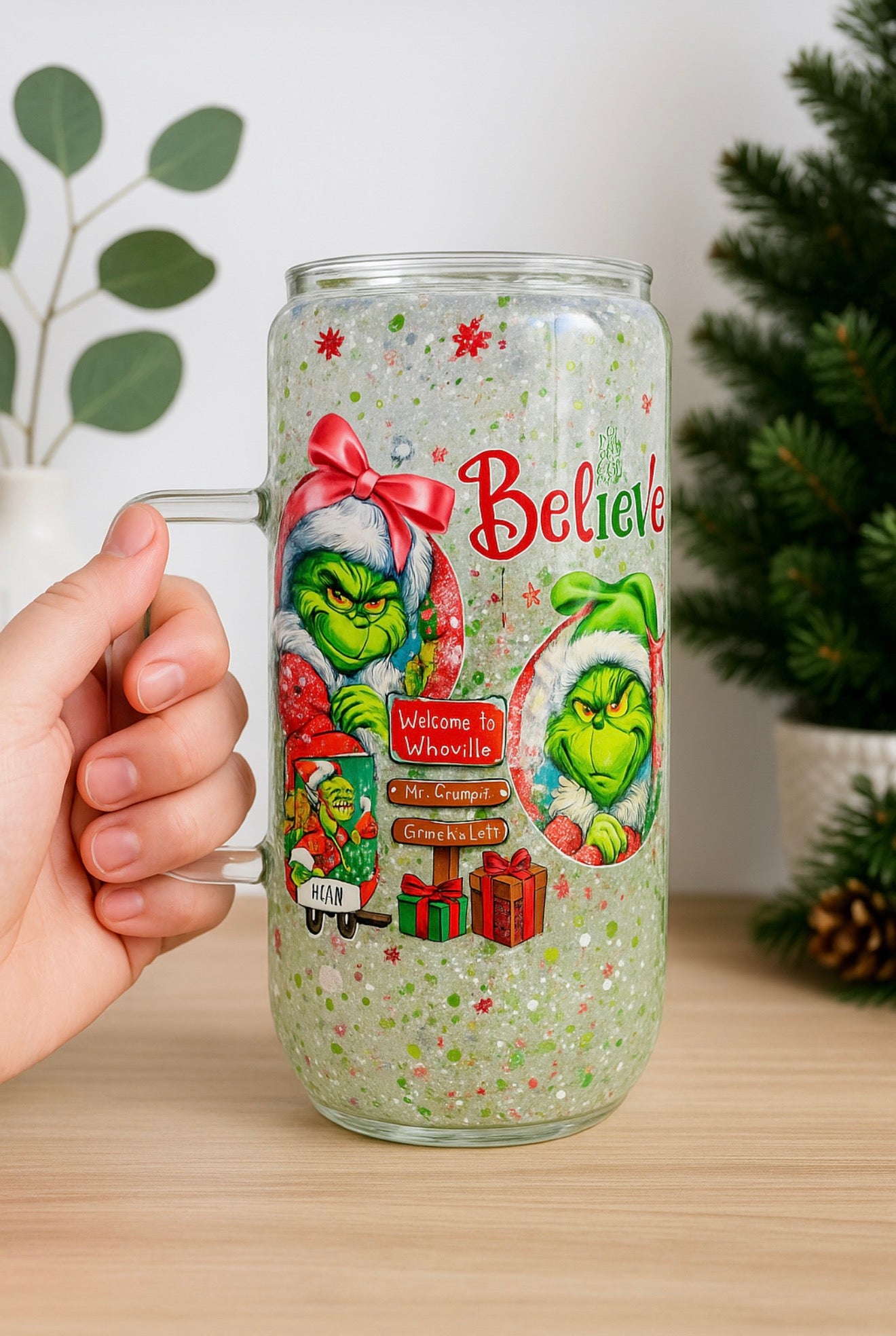 Grinch Whoville Christmas 20oz Glass Snow Globe Tumbler With Handle