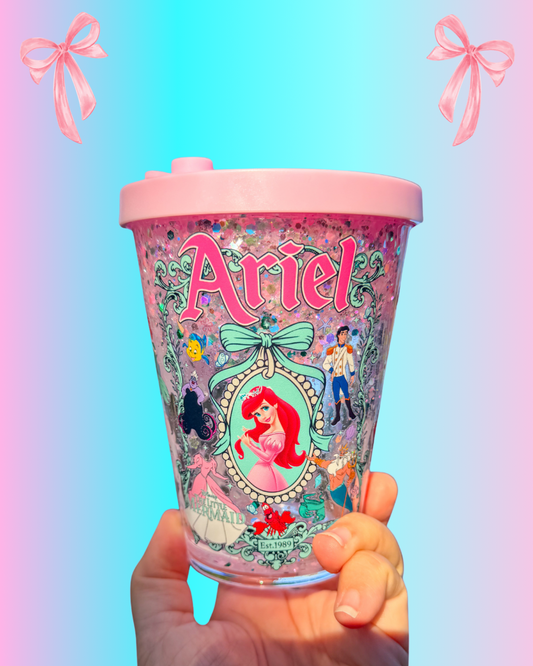 12oz Ariel Glitter Snow Globe Tumbler – Pink Mermaid Cup with Straw