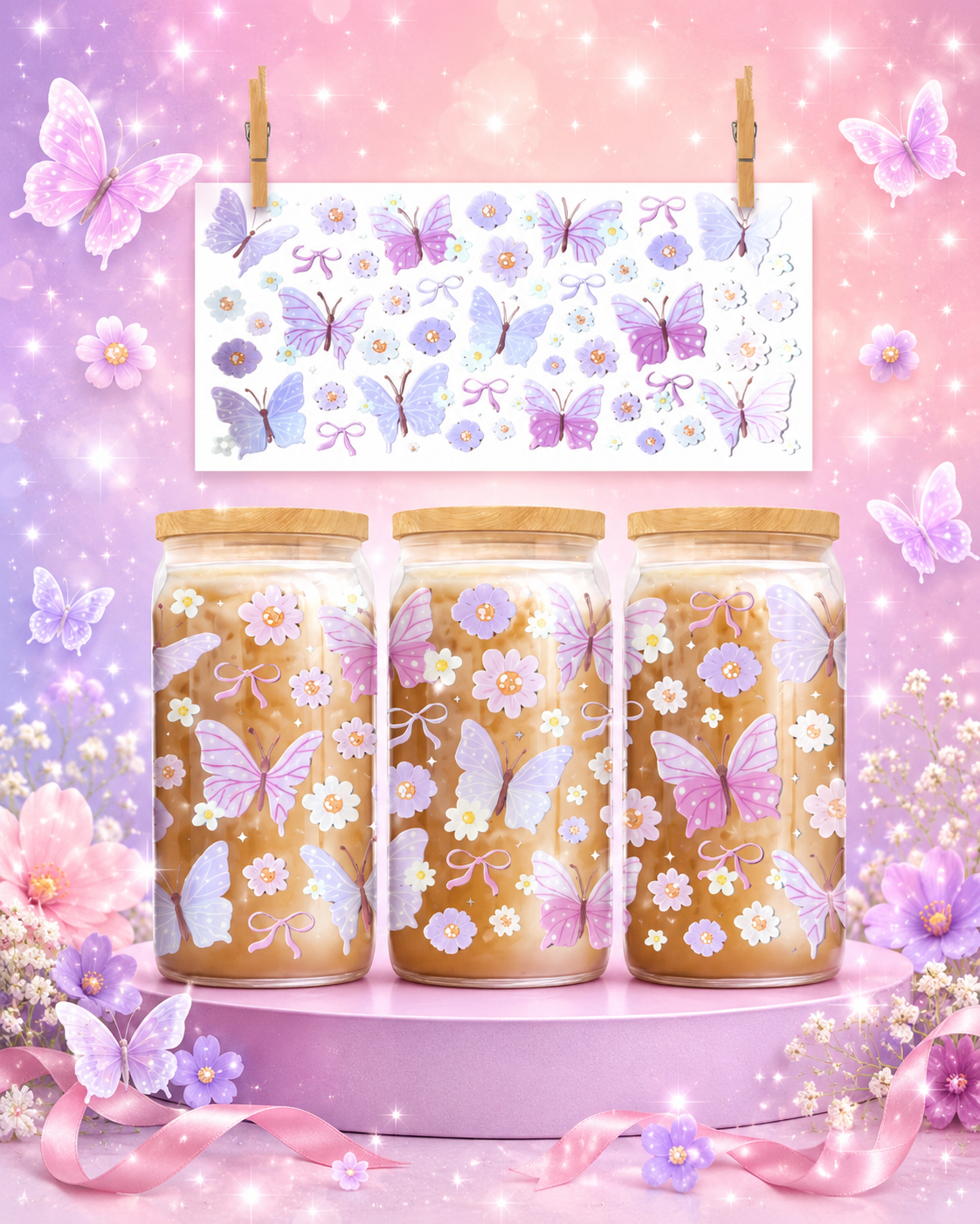 🎀 Pastel Butterfly Blooms UV DTF Cup Wrap – 16oz