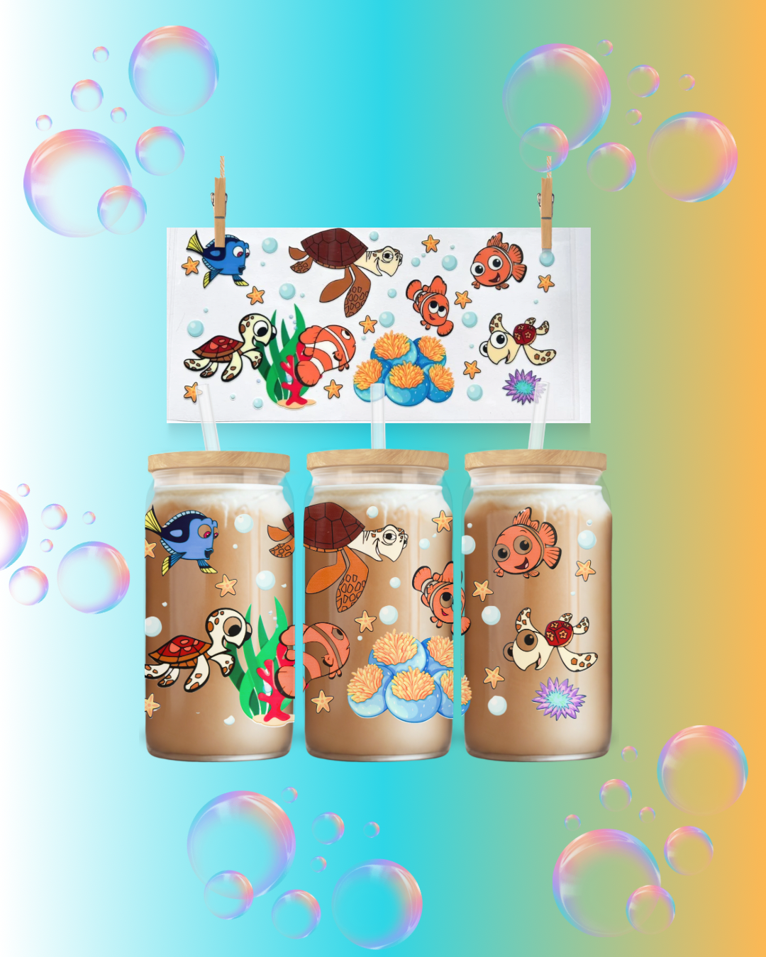 Finding Ocean Friends Cup Wrap | Sea Life Glass Can Wrap Design