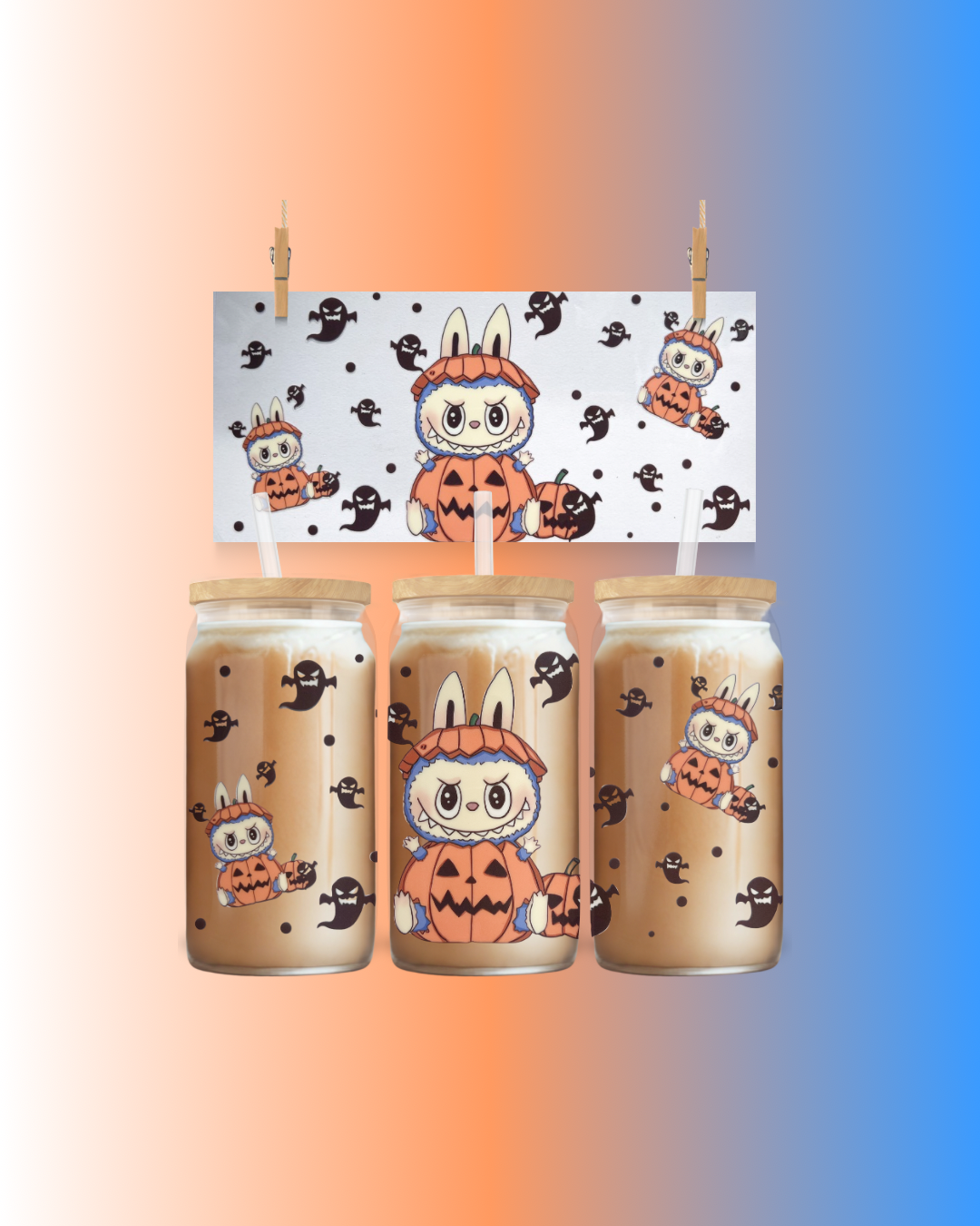 Spooky Cute Bunny Cup Wrap - Glass Can Wrap with Pumpkins & Ghosts