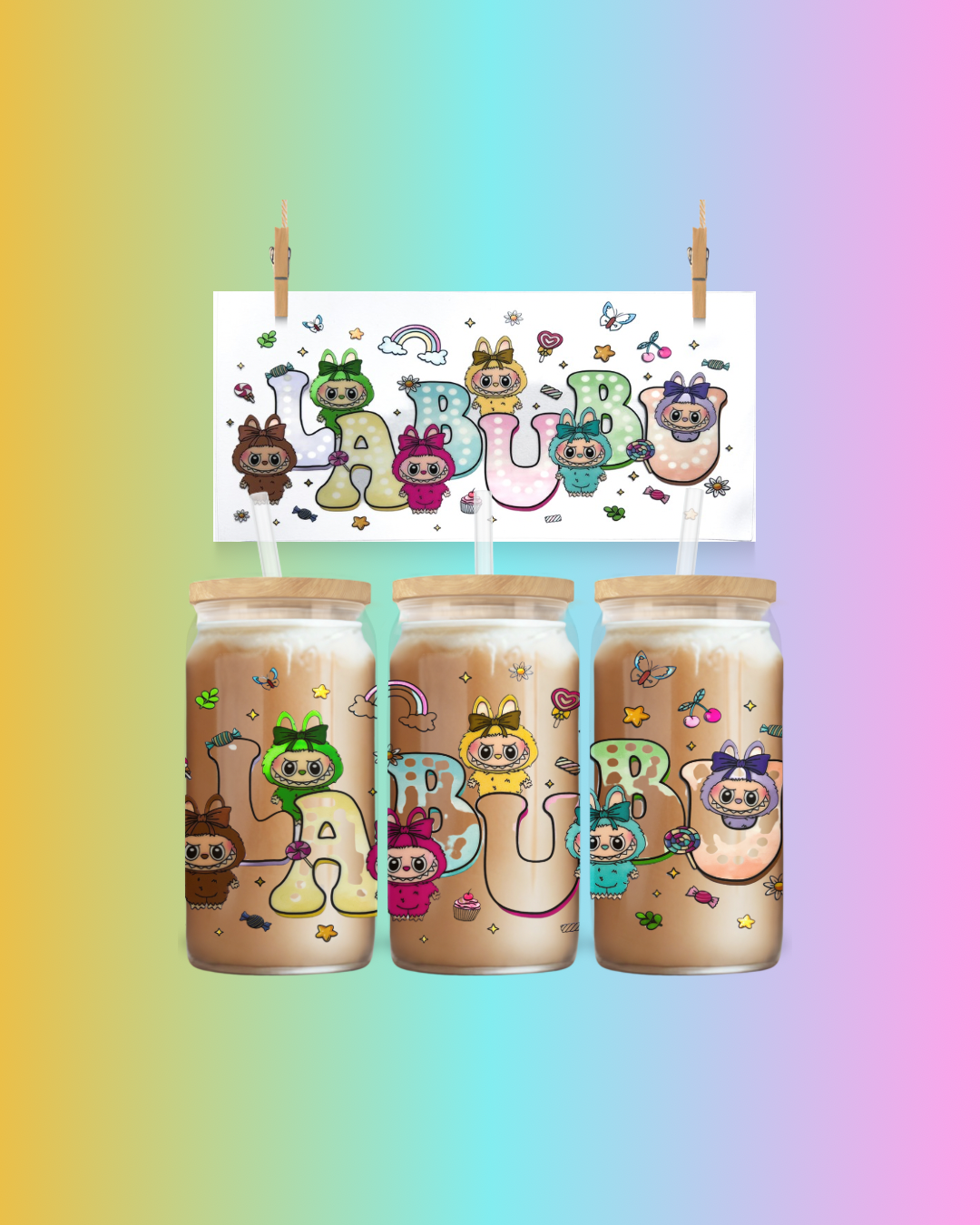 🌈 Cute Pastel Character Cup Wrap – UV DTF Decal
