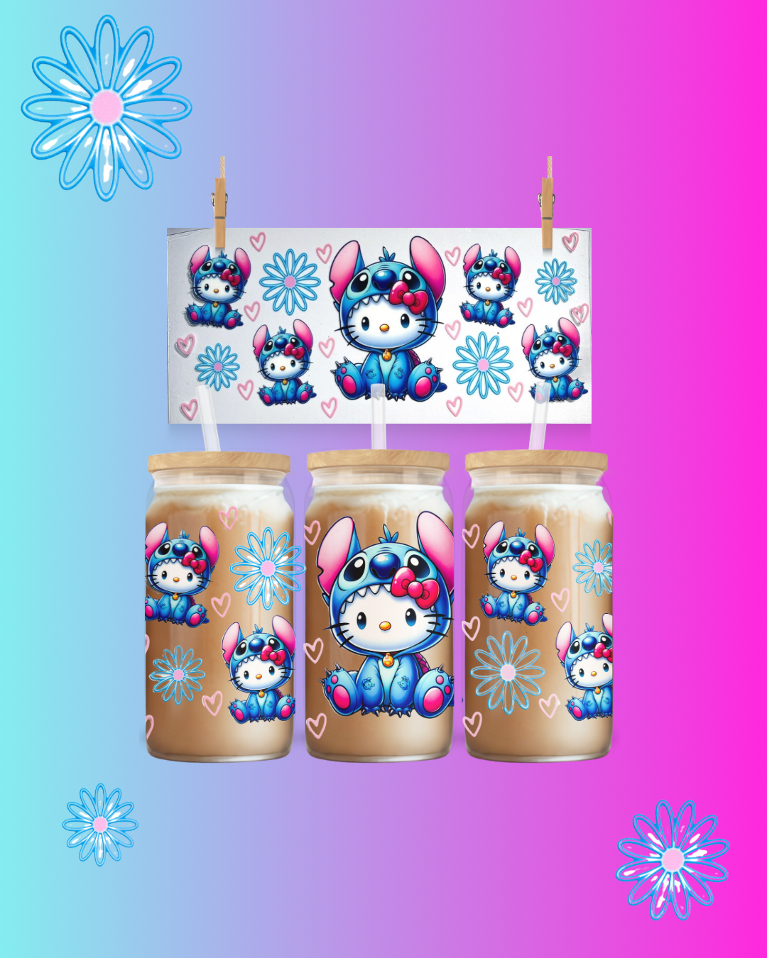 💙 Cute Blue & Pink Character Cup Wrap – UV DTF Decal