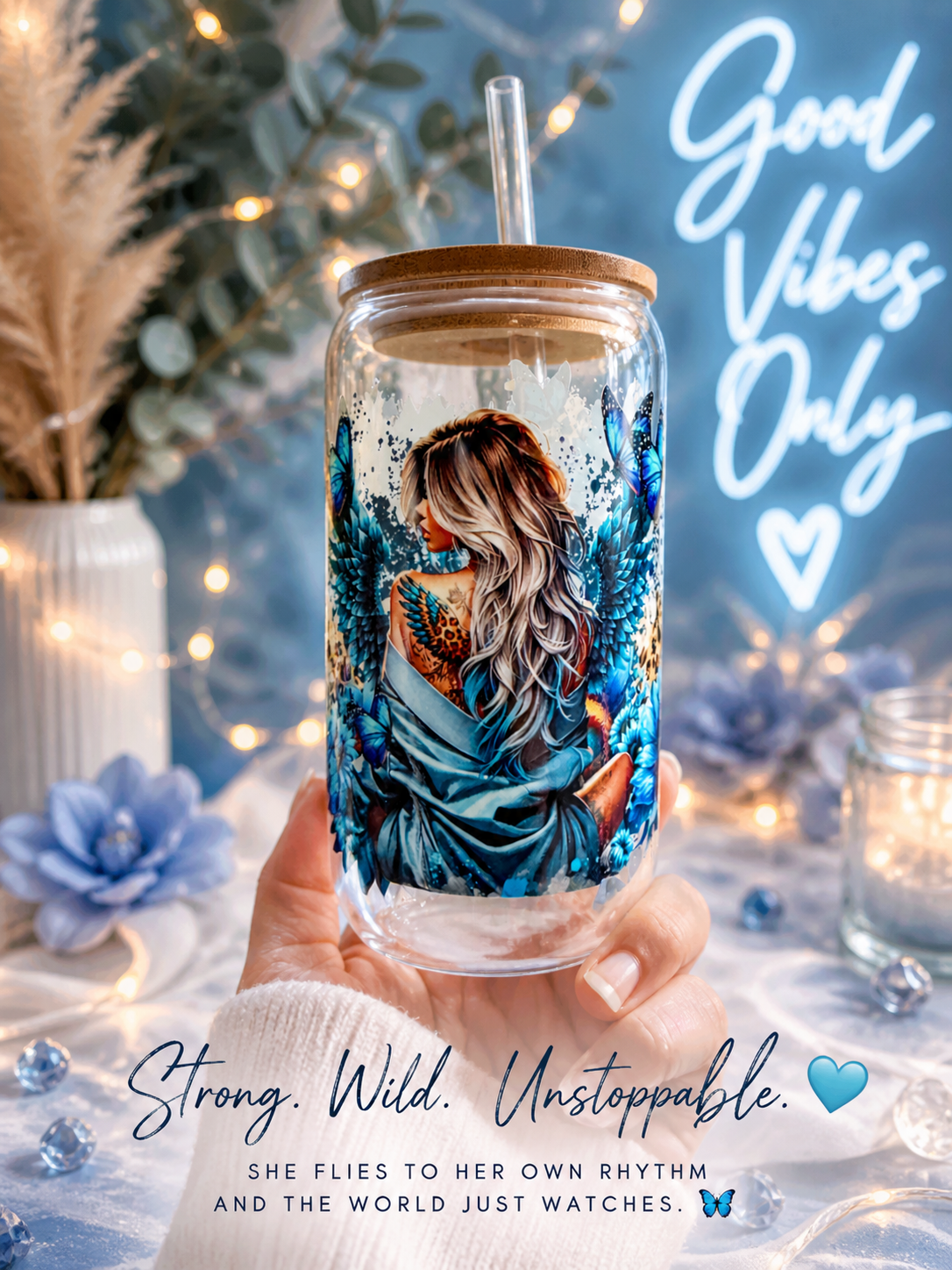 Blue Sunflower Butterfly Angel Glass Cup
