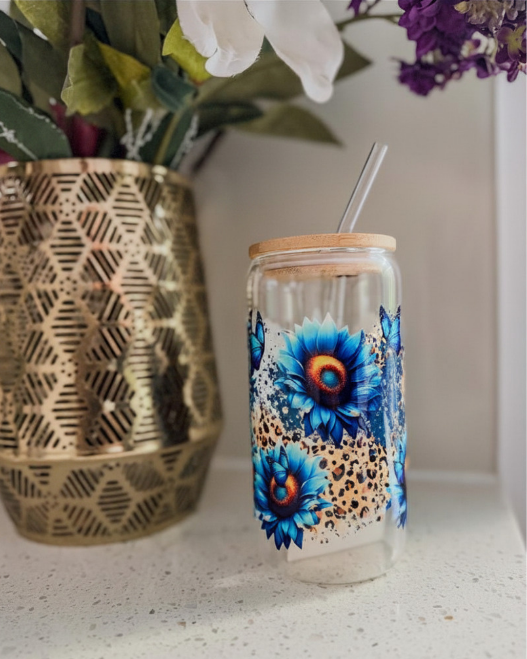 Blue Sunflower Butterfly Angel Glass Cup
