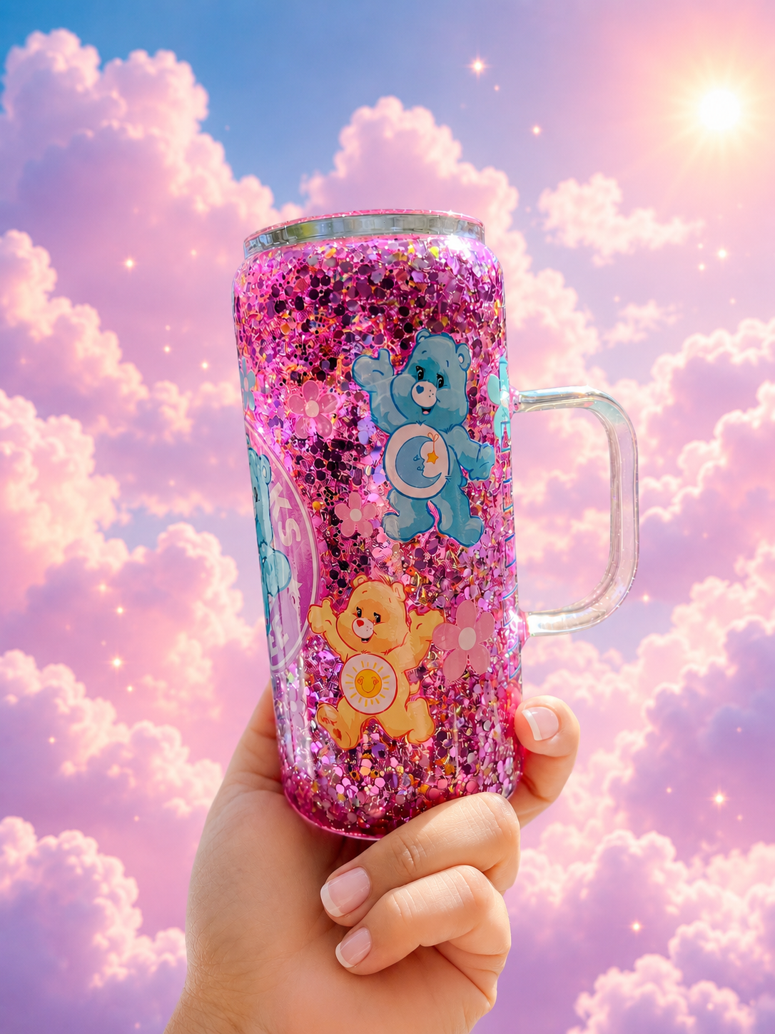 20oz Glitter Glass Can Cup with Handle – Cloud Fluffy Cuties Theme