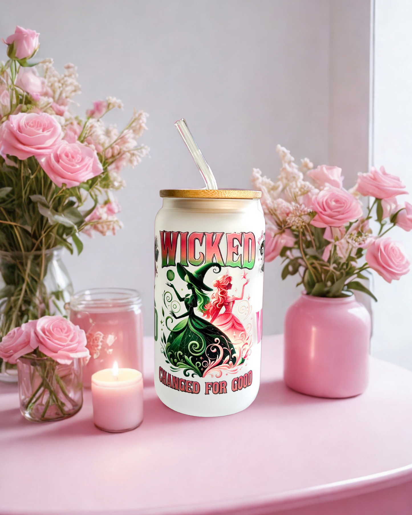 Wicked Frosted Glass 16oz Tumbler with Lid and Glass Straw