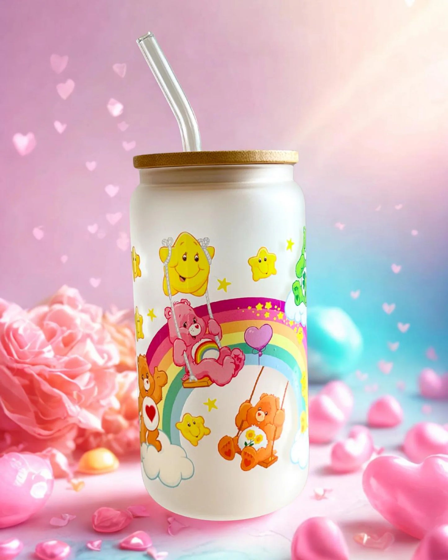 Care Bears Frosted Glass 16oz Tumbler with Lid and Glass Straw