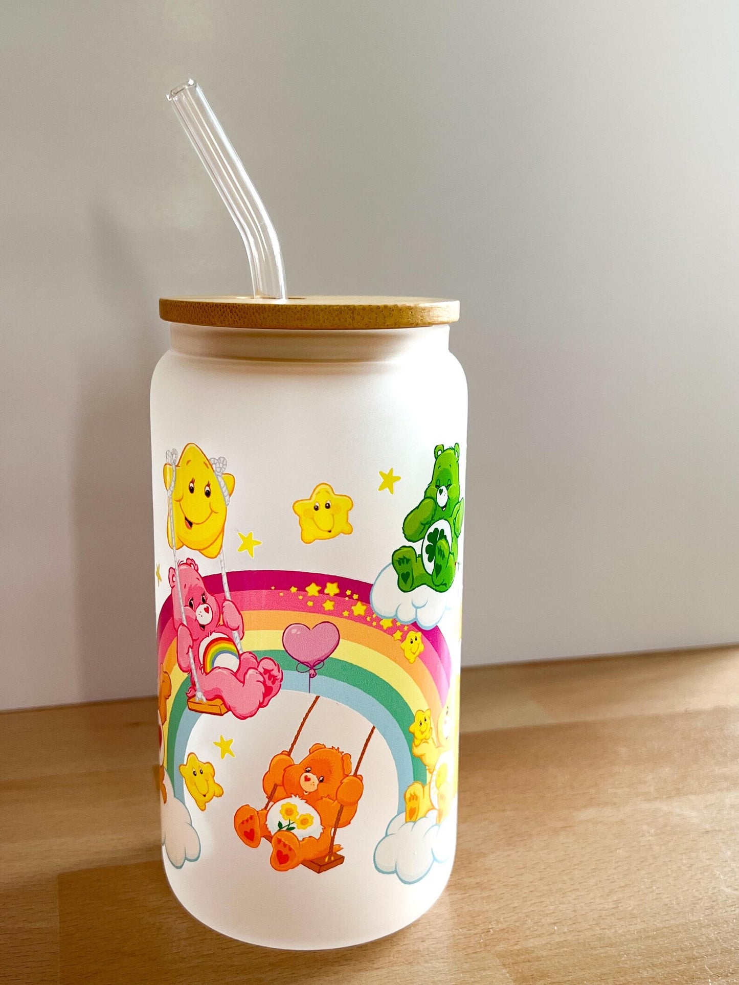 Care Bears Frosted Glass 16oz Tumbler with Lid and Glass Straw