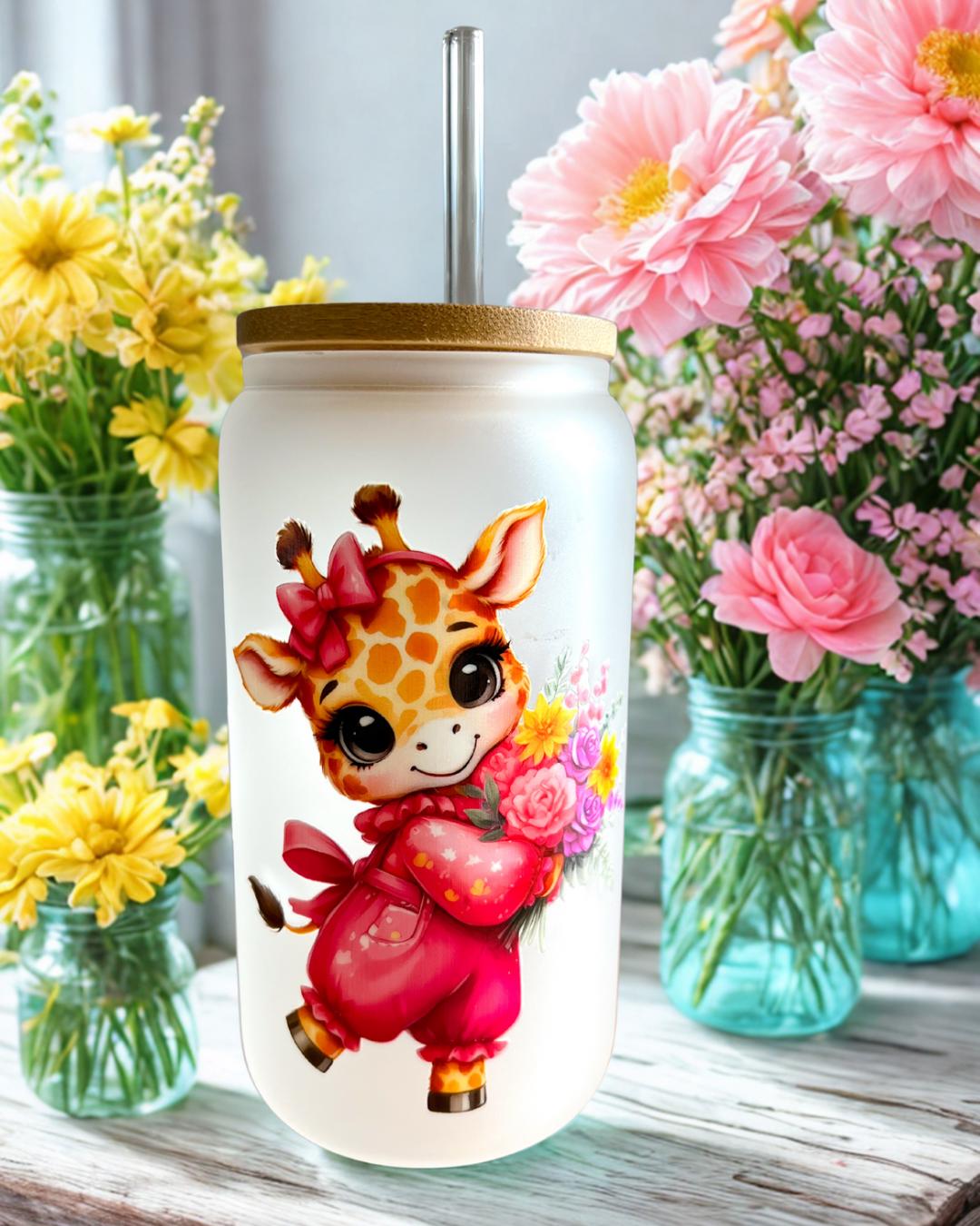 Adorable Giraffe Glass Tumbler with Bamboo Lid and Straw - 16oz Reusable Cup