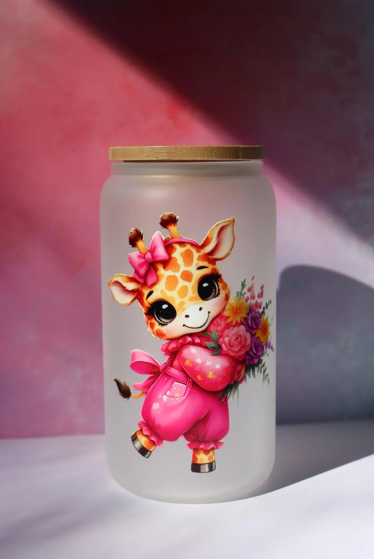 Adorable Giraffe Glass Tumbler with Bamboo Lid and Straw - 16oz Reusable Cup