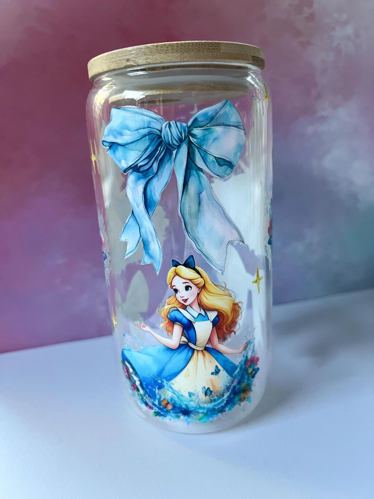 Whimsical Blue Bow 16oz clear glass tumbler
