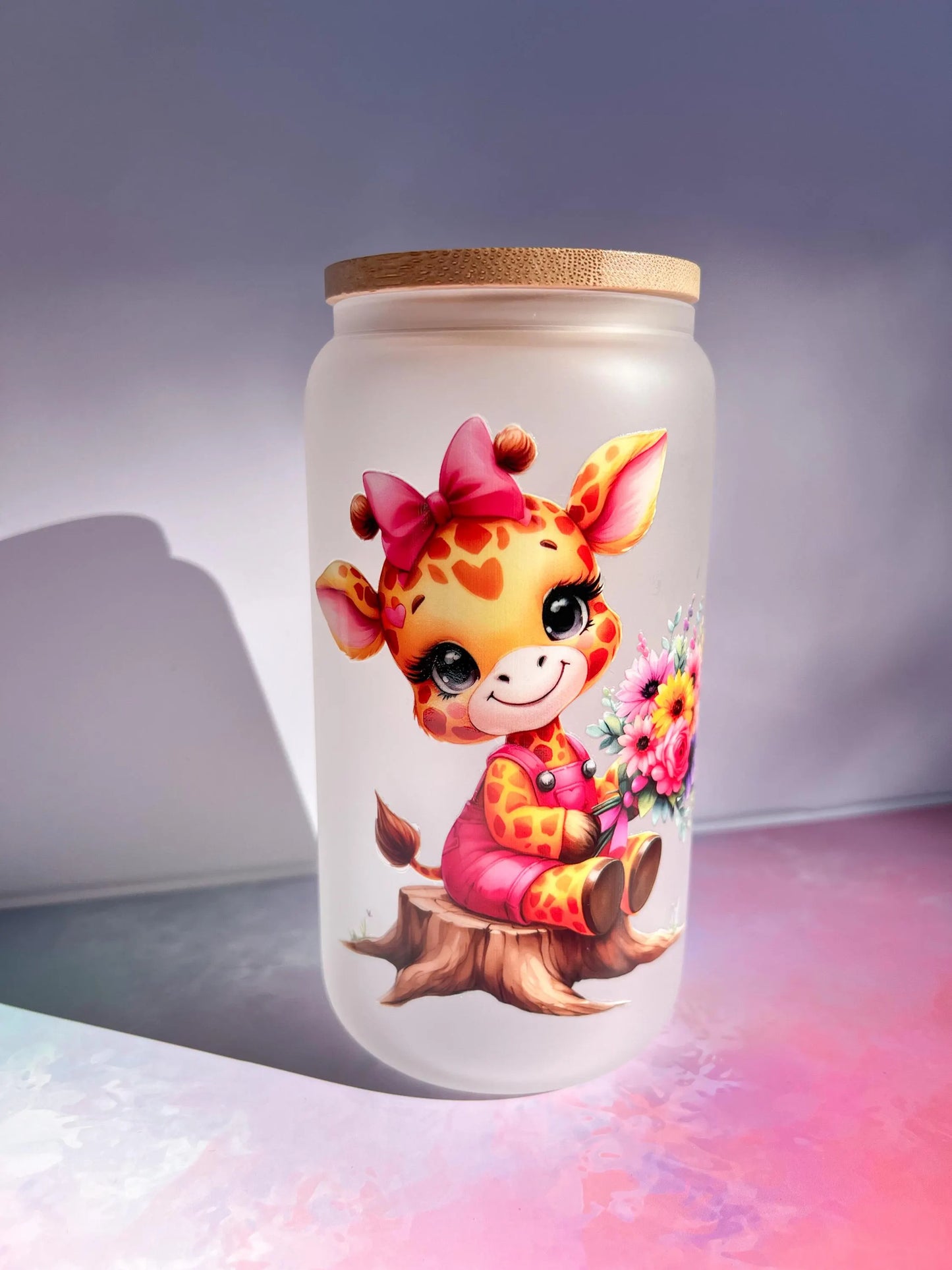 Adorable Giraffe Glass Tumbler with Bamboo Lid and Straw - 16oz Reusable Cup