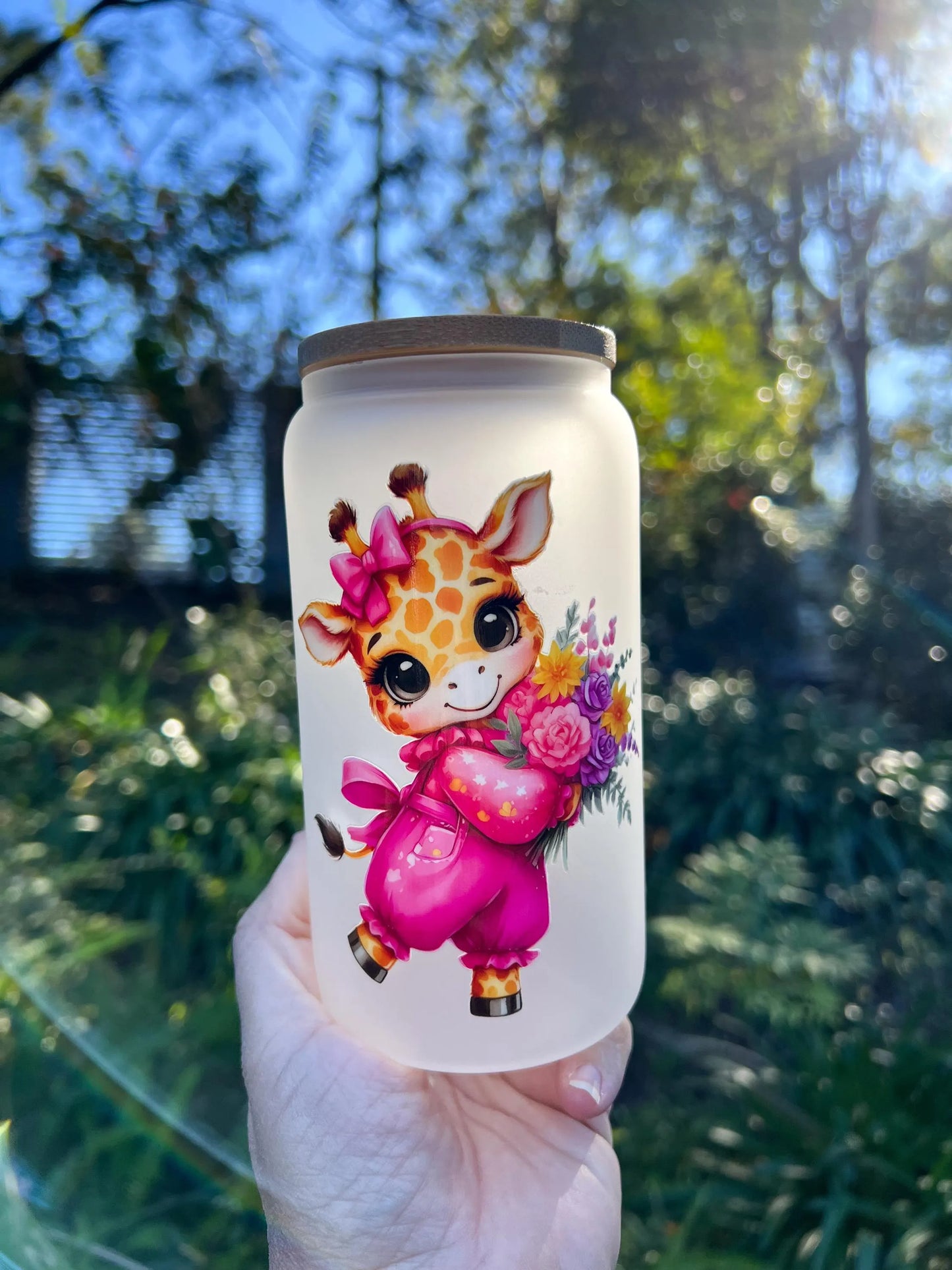 Adorable Giraffe Glass Tumbler with Bamboo Lid and Straw - 16oz Reusable Cup